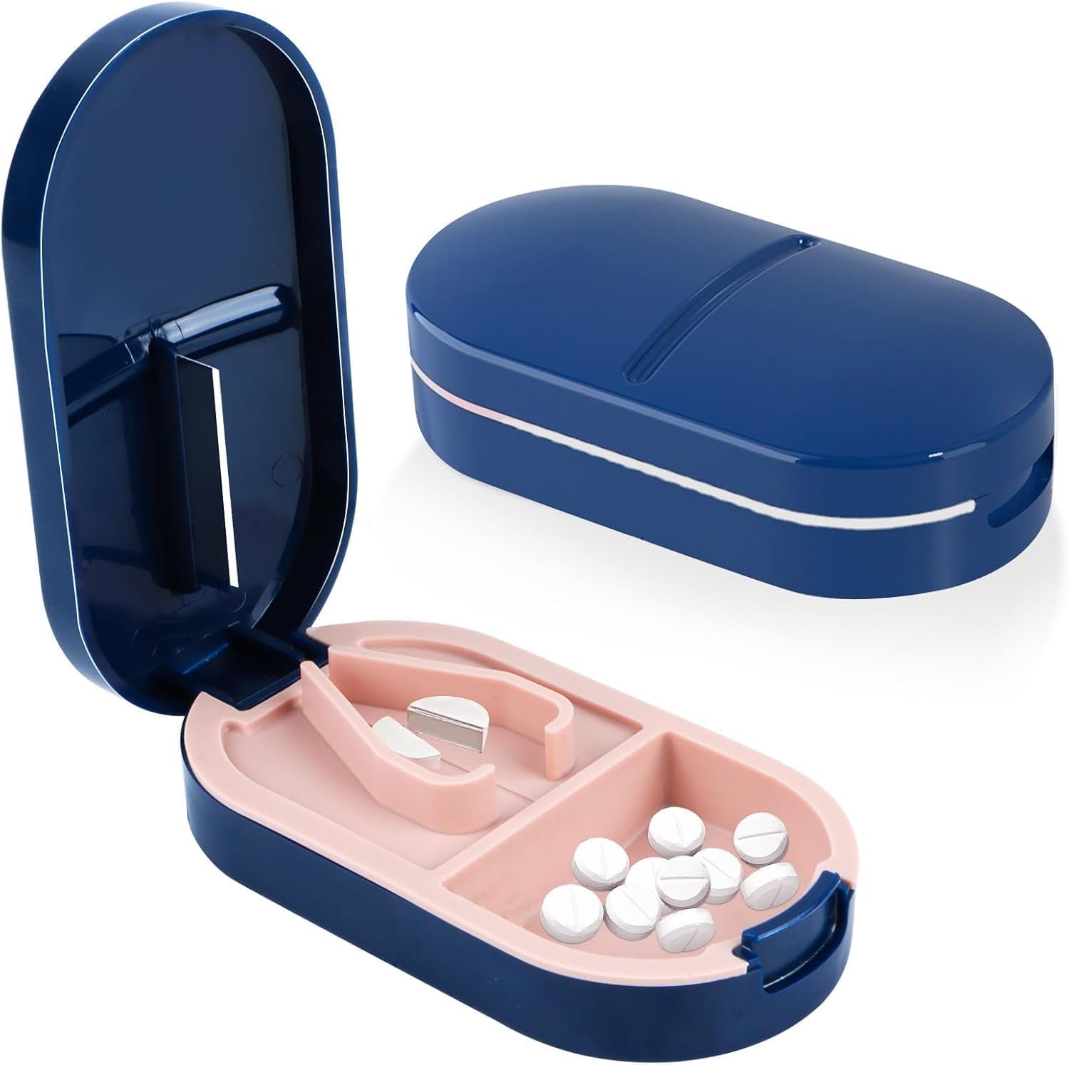 Portable Pill Organizer with Built-in Pill Cutter & Storage Box 2-in-1 Medicine Tablet Splitter Case Compact Pill Box for Travel Home Office Daily Medication Vitamins & Supplement