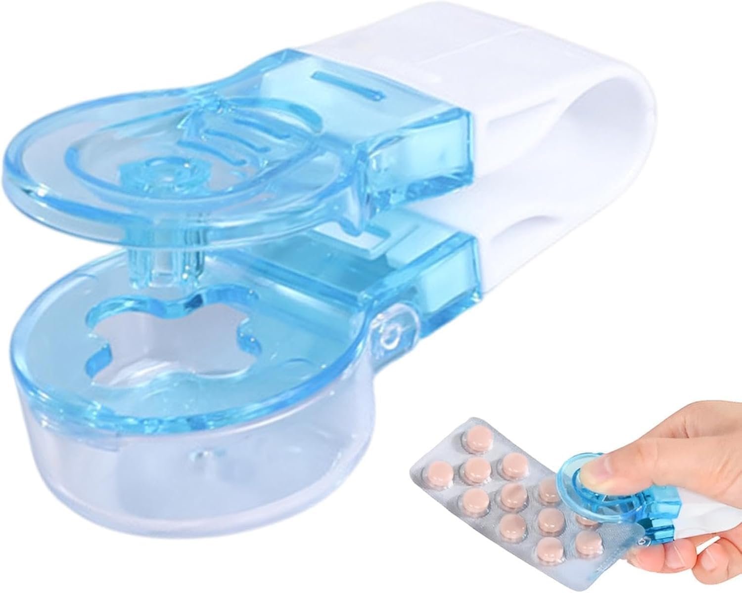 Portable Pill Puncher Tool with Storage Box, Tablet Blister Pack Opener and Dispenser, Easy Pill Remover for Medicines, Vitamins and Supplements, Blue