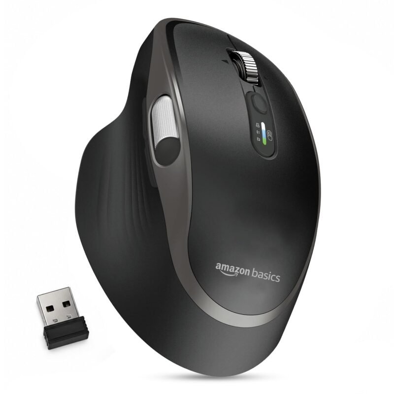 Amazon Basics Ergonomic Wireless Mouse, Bluetooth + 2.4 GHz, Silent Clicks, Side Scroll Wheel, 5 Adjustable DPI Settings up to 4800, Connects up to 3 Devices, Rechargeable, For PC, Mac, Laptop (Black)
