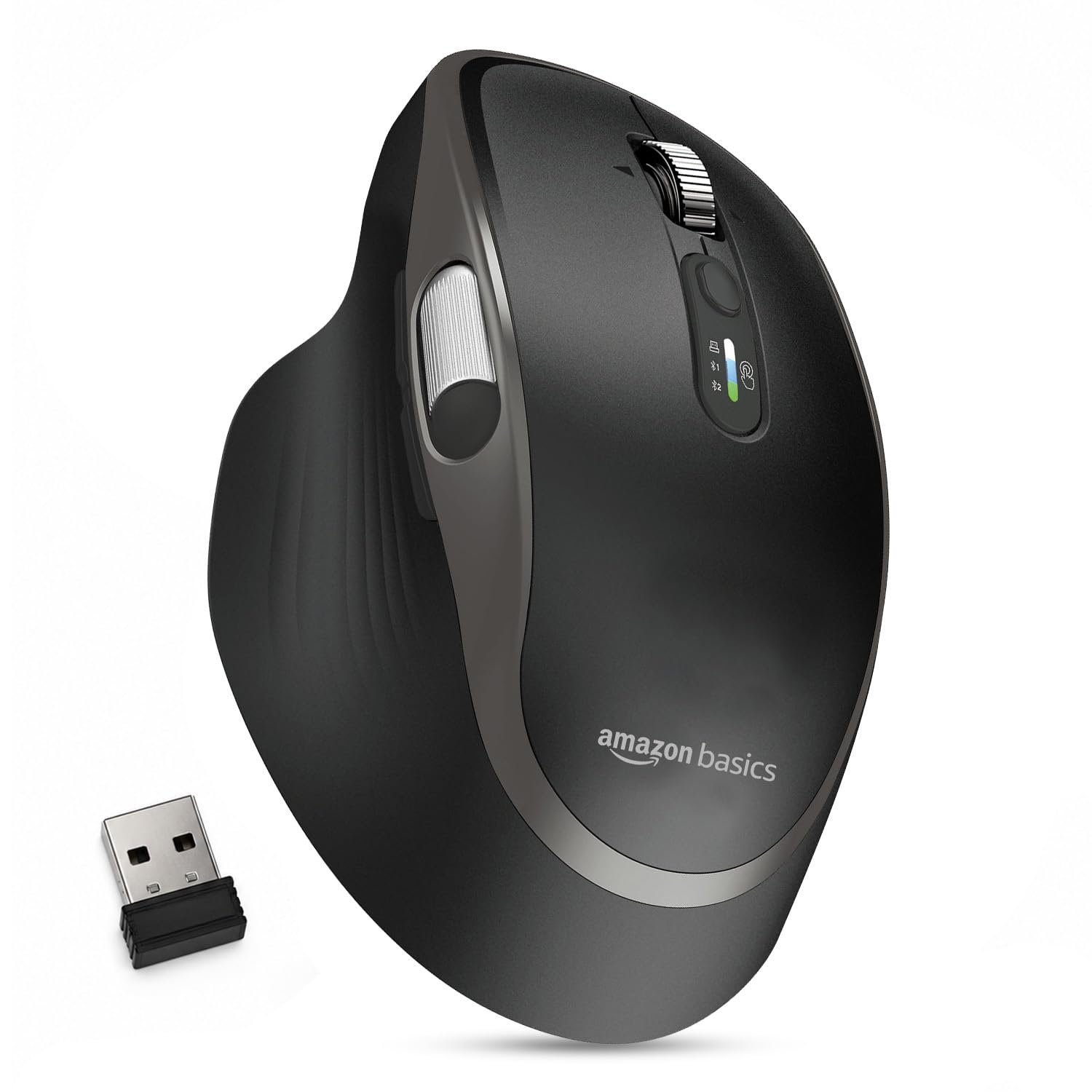 Amazon Basics Ergonomic Wireless Mouse, Bluetooth + 2.4 GHz, Silent Clicks, Side Scroll Wheel, 5 Adjustable DPI Settings up to 4800, Connects up to 3 Devices, Rechargeable, For PC, Mac, Laptop (Black)