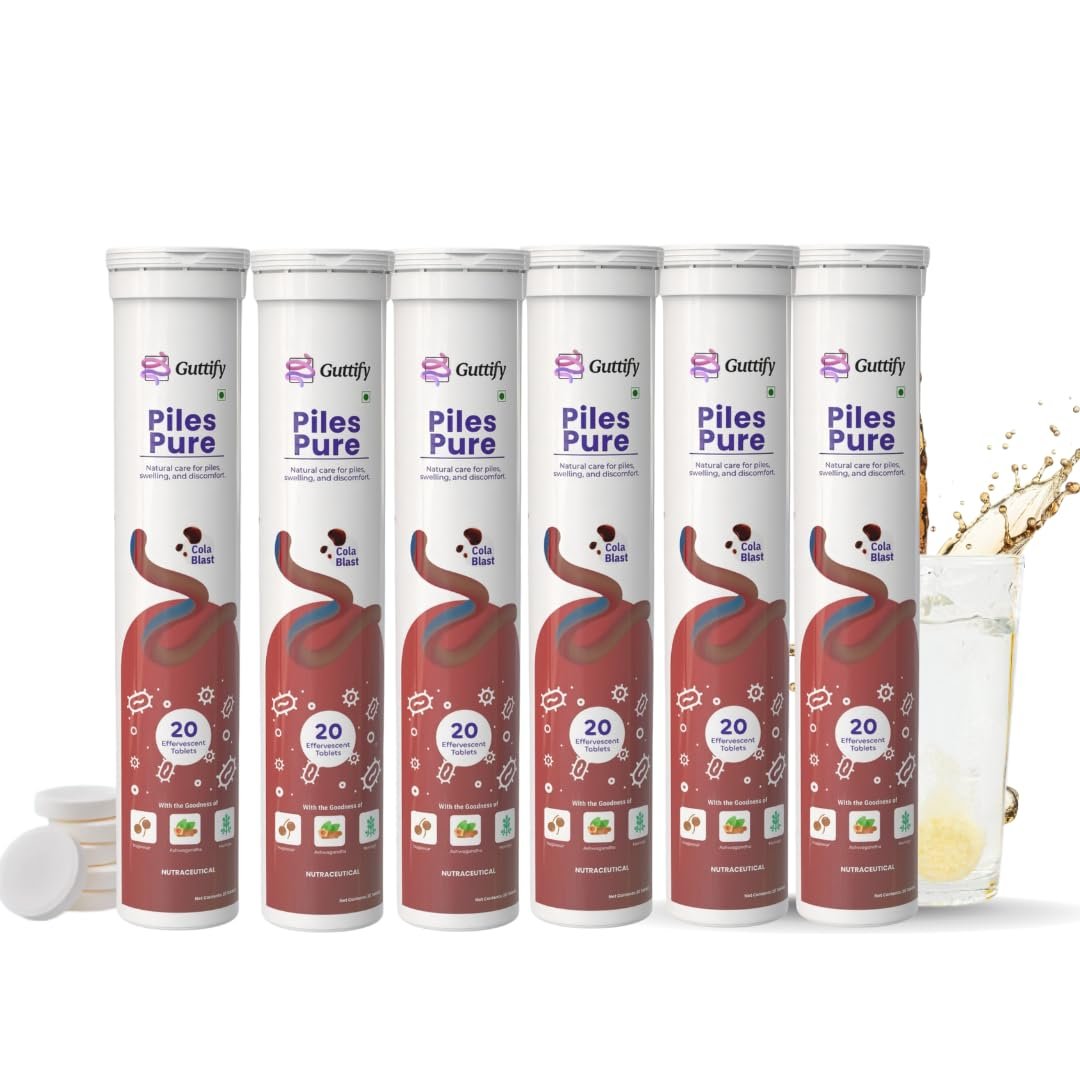Piles Pure Cola Blast Effervescent Tablets with Nagkesar, Ashwagandha and Moringa for Piles Relief, Hemorrhoid Comfort, Swelling Ease, Gut Calmness and Routine Comfort | 20 Tablets x Pack of 6