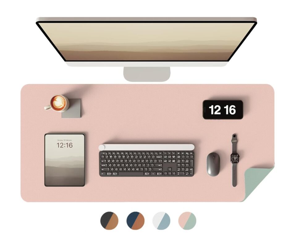 Bellblock Large Extended Reversible Desk Mat/Mouse Pad/Gaming Pad for Office/Home| Vegan Leather | Anti-Skid, Slip-Resistant, Splash-Proof | Pink & Green | 90x45cm