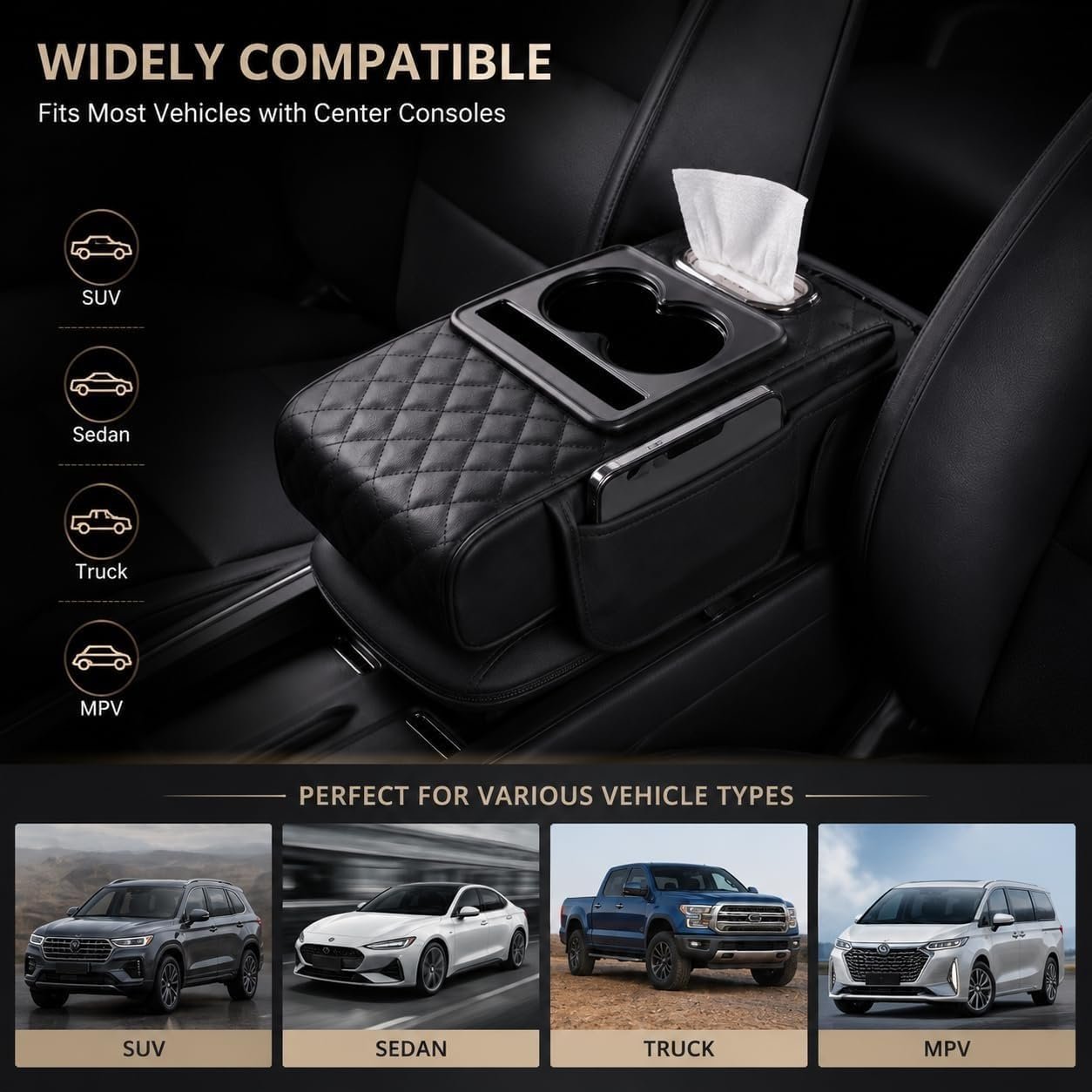 Car Armrest Cushion,5-in-1 Center Console Cover with 2 Storage Bags Cup Holder, Tissue Box Slot, Phone Slot for Sedans, Car Accessories Interior Organizers (Black)