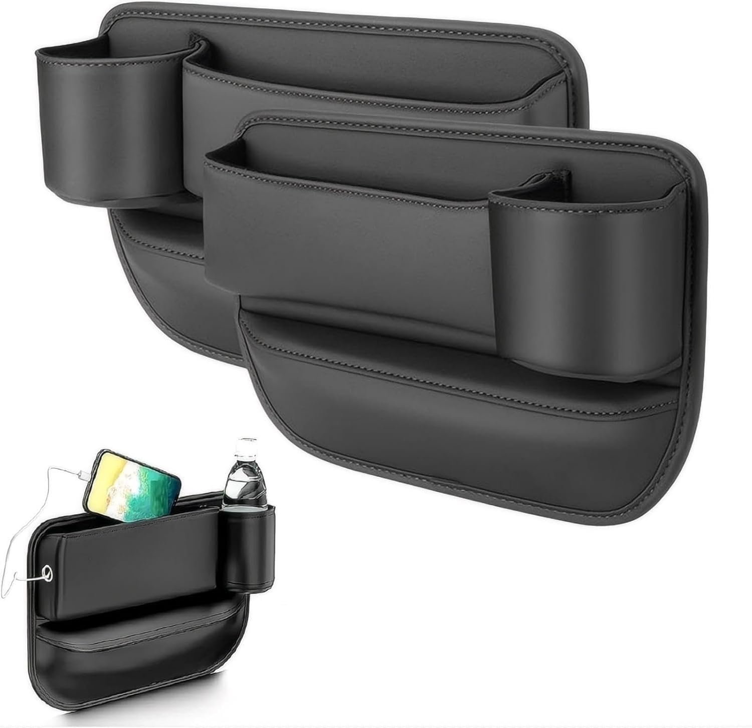 Car Seat Gap Filler, Leather Gap Bag with Cup Holder, Universal Seat Gap Organizer, Adjustable Car Seat Storage Box, for Phones Glasses Keys Cards (Pack Of 1)