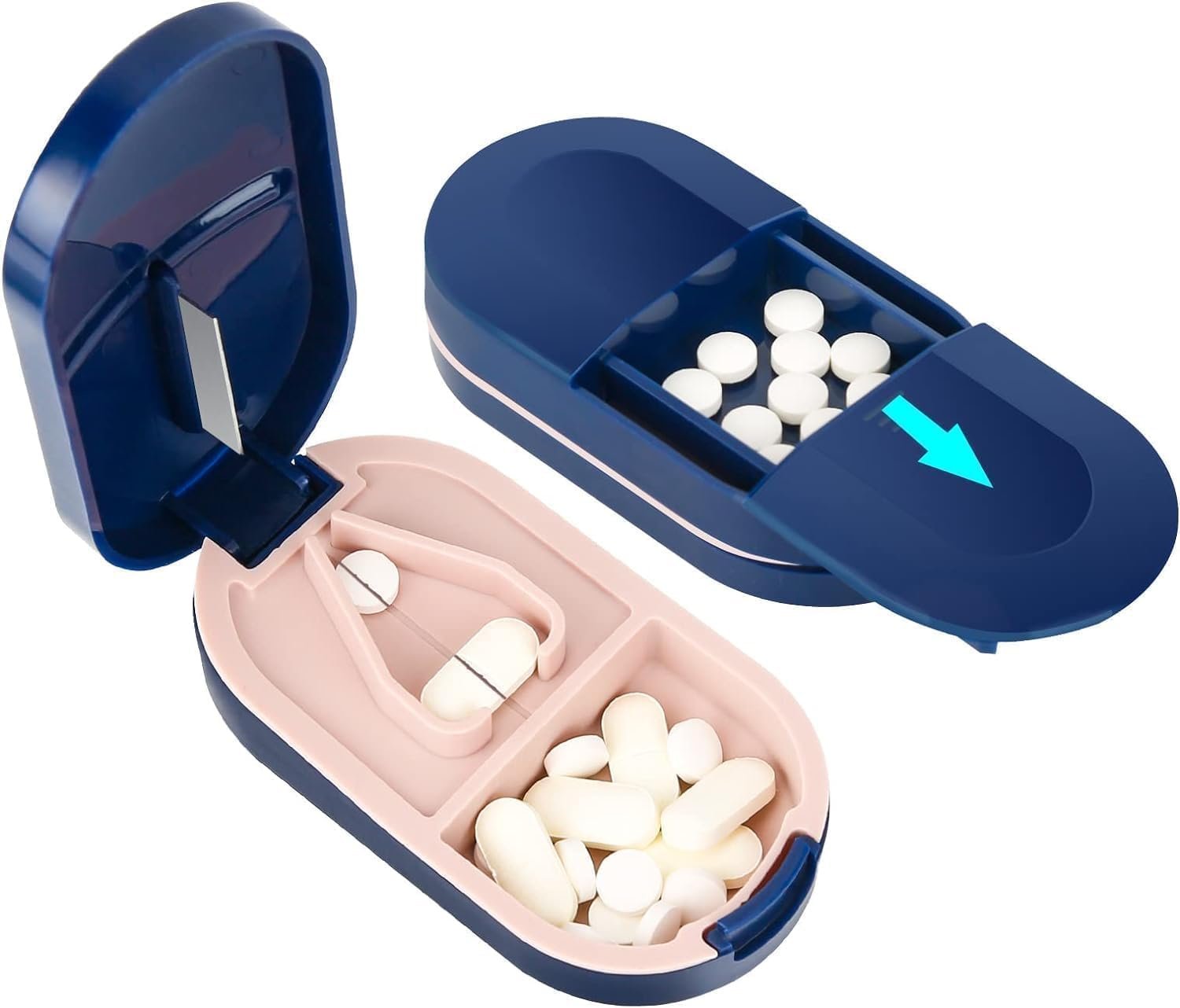 2-in-1 Pill Cutter & Pill Storage Box | Portable Tablet Splitter with Stainless Steel Blade | Medicine Organizer Case for Tablets, Vitamins & Pills | Travel Friendly Pill Box (Multicolour)