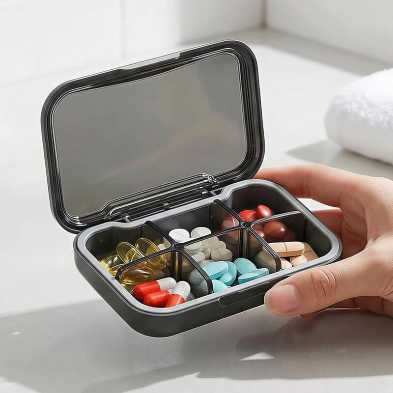 Portable Pill Organizer Box with 6 Compartments | BPA Free Medicine Storage Case | Daily Tablet & Vitamin Holder | Moisture Resistant Travel Pill Box | Pocket Size Medicine Organizer for Men & Women - Black