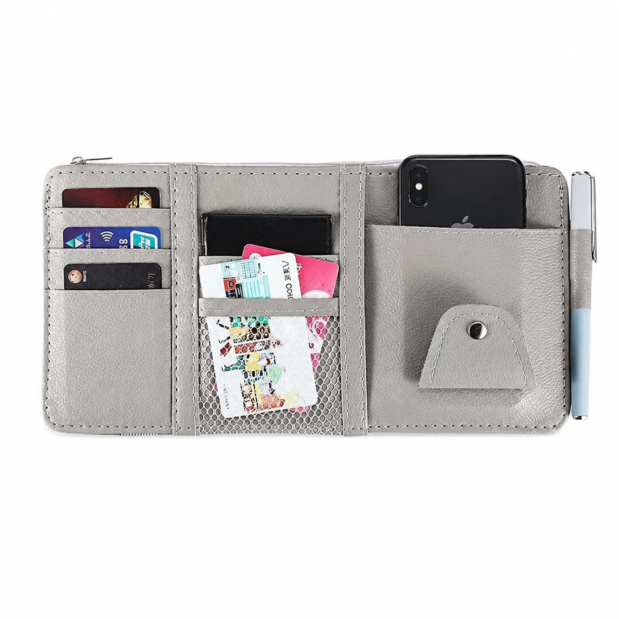Car Sun Visor Organizer with Document Holder, Multi-Pocket Vehicle Storage Pouch for Cards, Mobile Phone, Pens, Sunglasses, Receipts and Travel Accessories