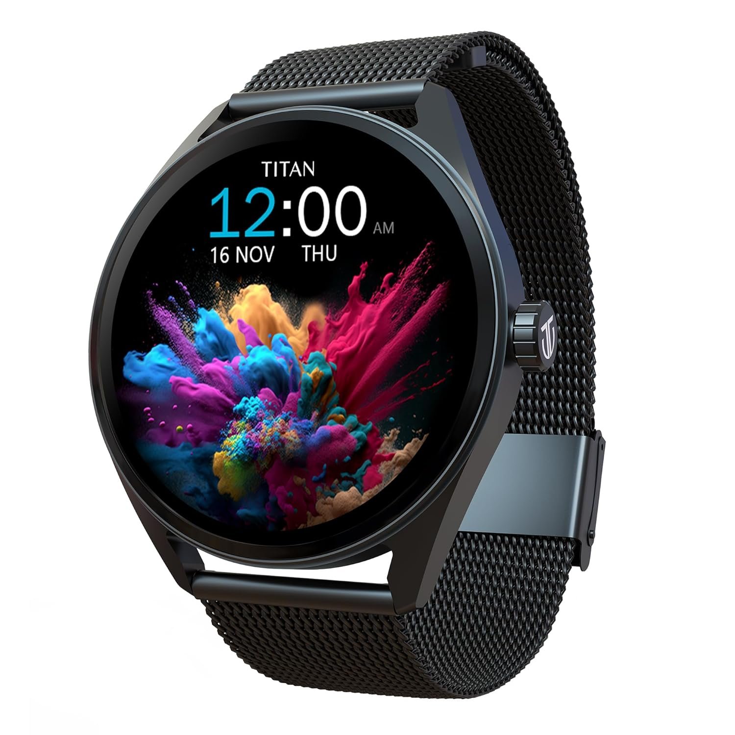 Titan Crest 1.43” AMOLED Smart Watch with BT Calling, AI Morning Briefs, Functional Crown, Health Tracking, Aluminium Body, 100+ Sports Modes, Smartwatch for Men and Women - Black Mesh Strap