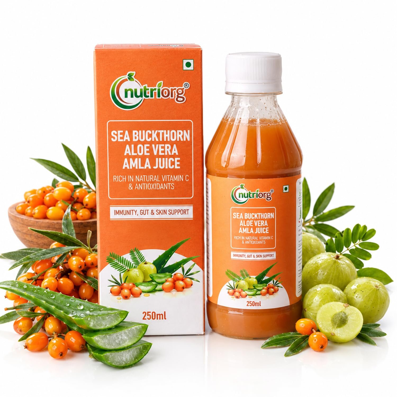 Nutriorg Sea Buckthorn Aloe Vera Amla Juice, 250ml | Rich in Vitamin C, Omega 3-6-7-9 & Antioxidants | Immunity, Gut Health & Skin Glow | No Added Sugar | Ayurvedic Herbal Wellness Drink