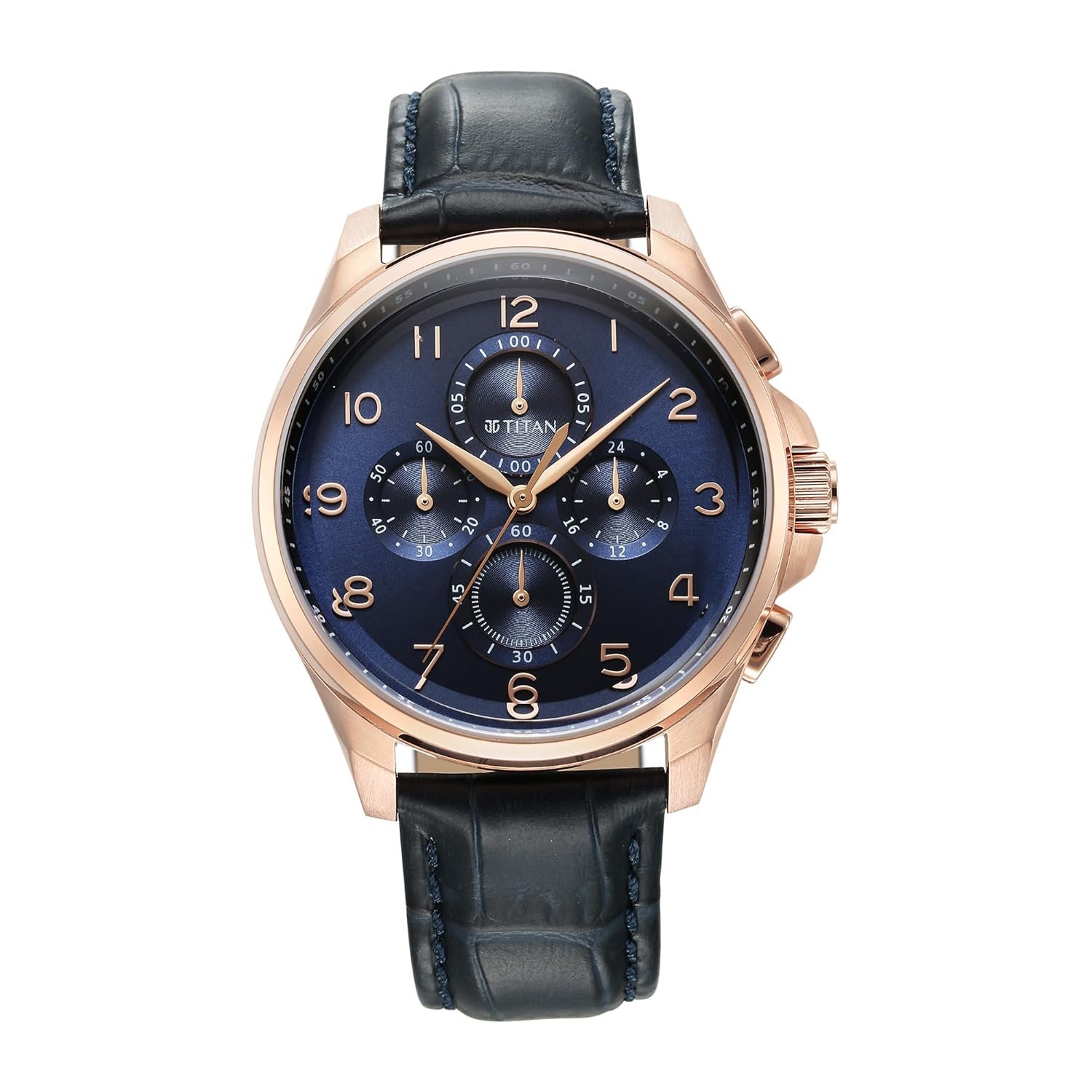 Titan Classic Quartz Chronograph Midnight Blue Dial Dark Blue Leather Watch for Men - NT90169WL01