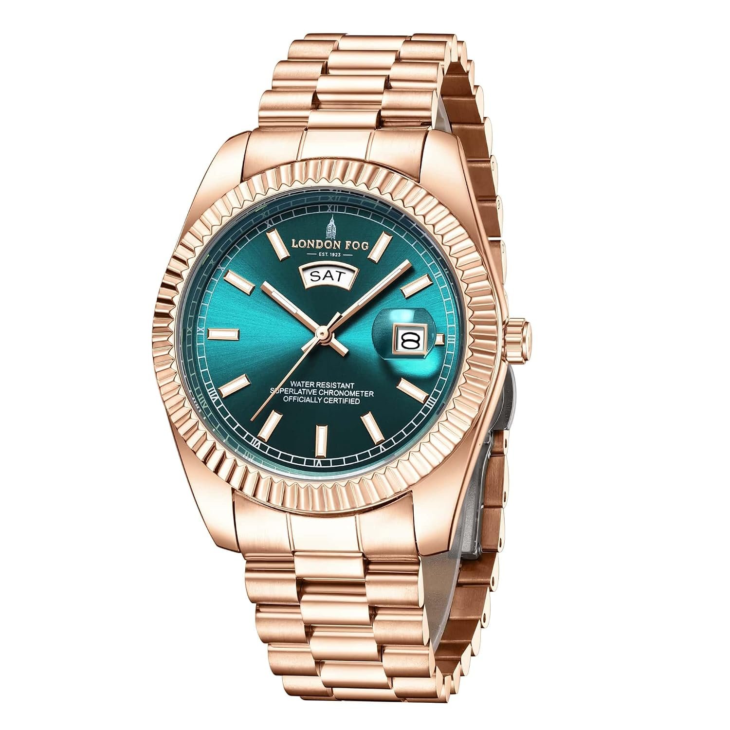 London Fog Oxford Collection Analog Quartz Watch for Men with Round Dial and Stainless Steel Strap, Fluted Metal Case, Day & Date Display, Luminous Hands & Hour Markers & Water Resistant