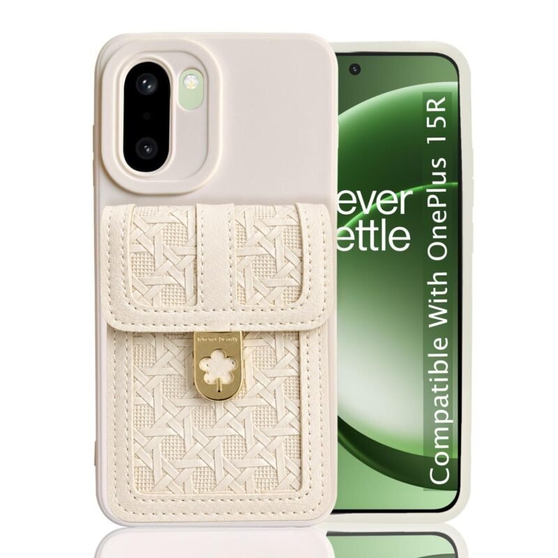 KC Back Cover for OnePlus 15R 5G - Woven Texture PU Leather Wallet Phone Case with Flip Lock Card/Cash Holder Soft Silicone Camera Protection (White)