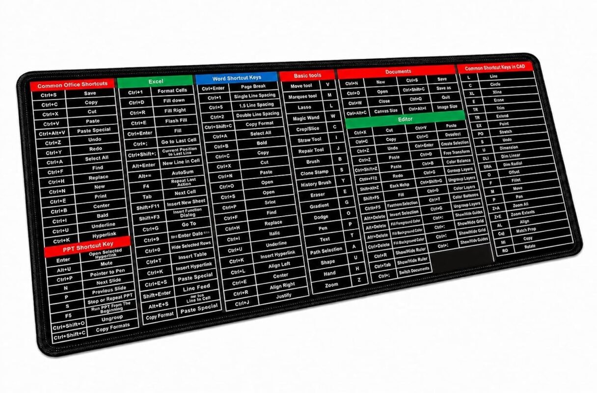 Anti-Slip Keyboard Pad with Office Software Shortcuts Pattern, Clear Extended Large Cheat Sheet Mouse Pad, Large Rubber Base Mice Smooth Cloth Desk Mat, Excel Shortcut Keys Mouse Pad (80x30cm)
