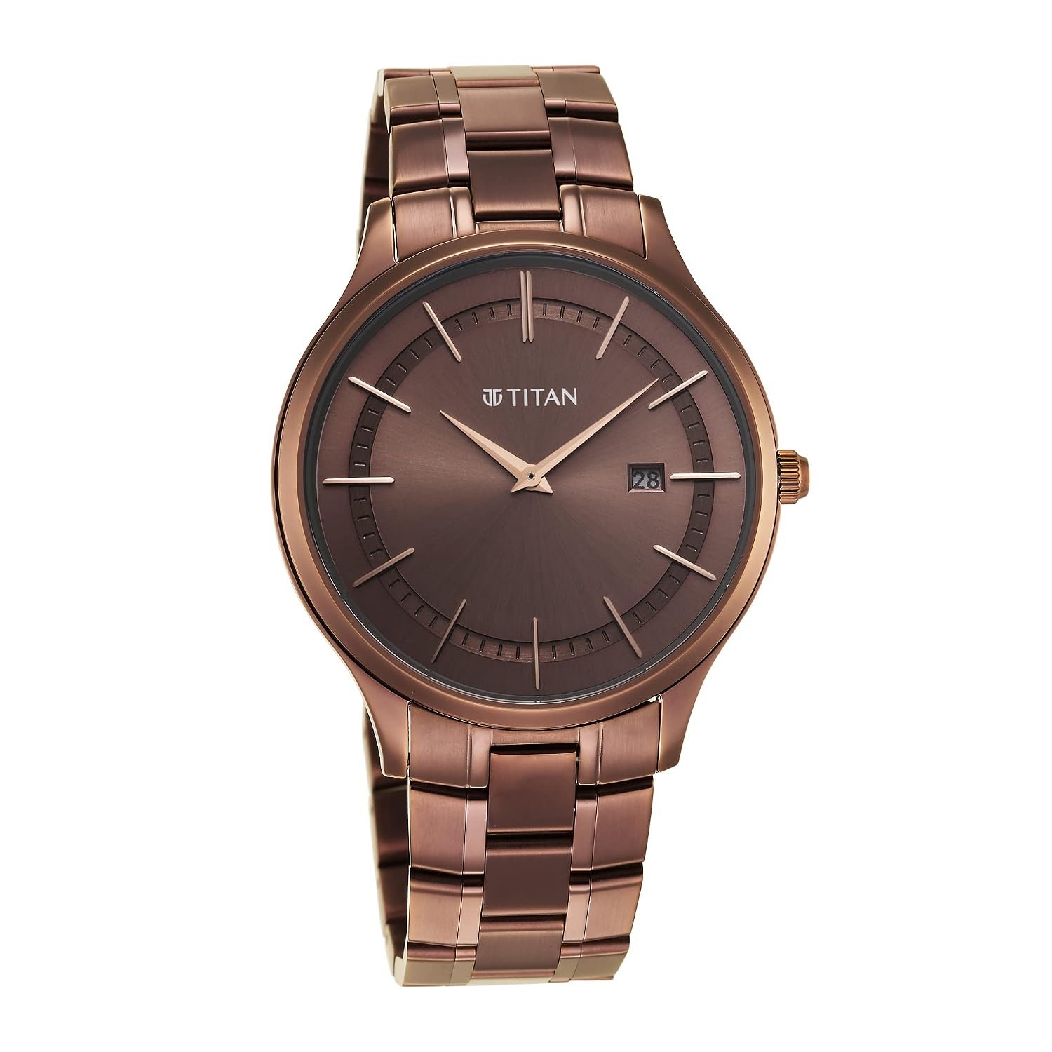 Titan Classique Slimline Brown Dial Analog with Day and Date Stainless Steel Strap Watch for Men-NS90142QM05