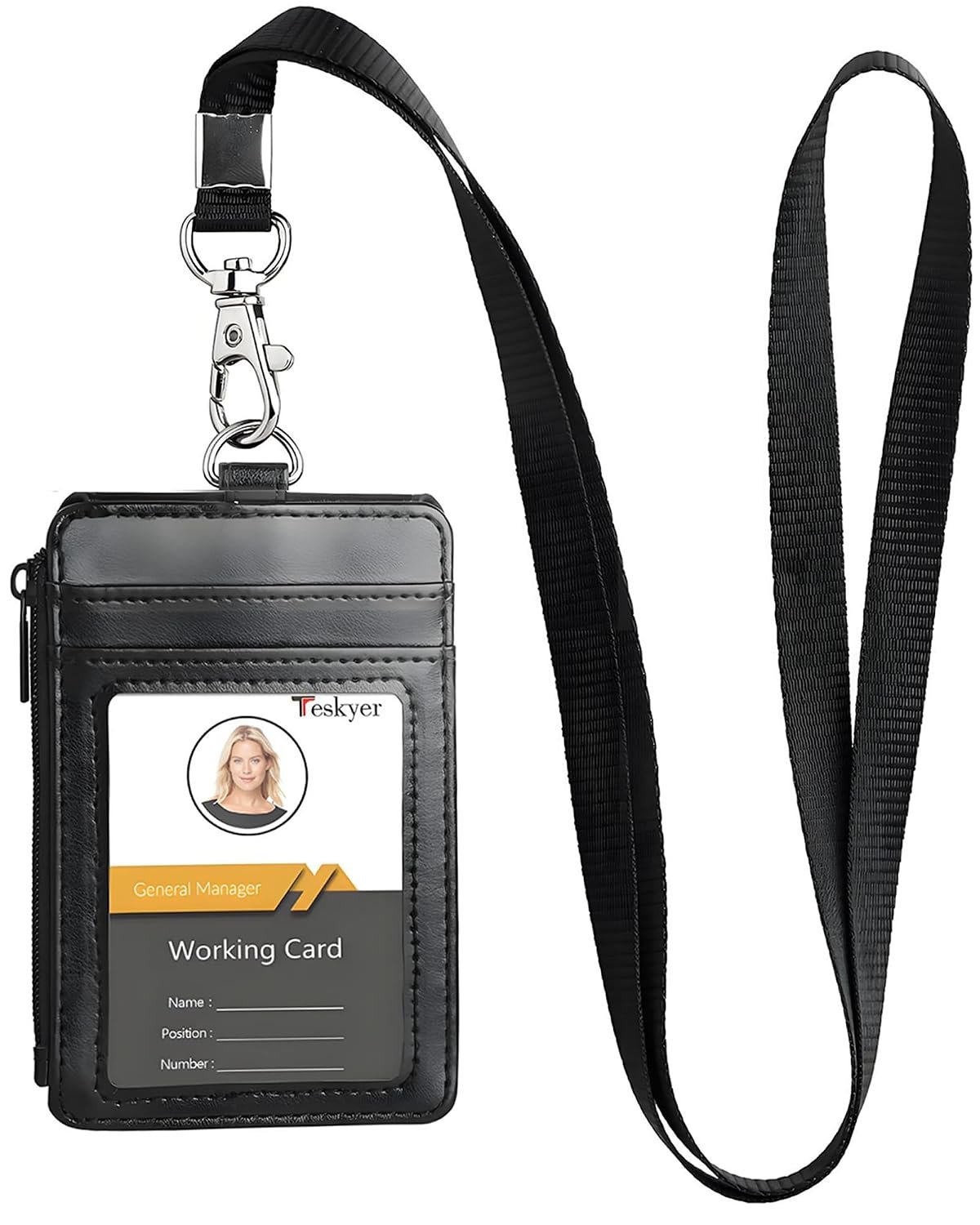 Teskyer Leather ID Badge Holder with Lanyard, Lanyard Wallet, Black