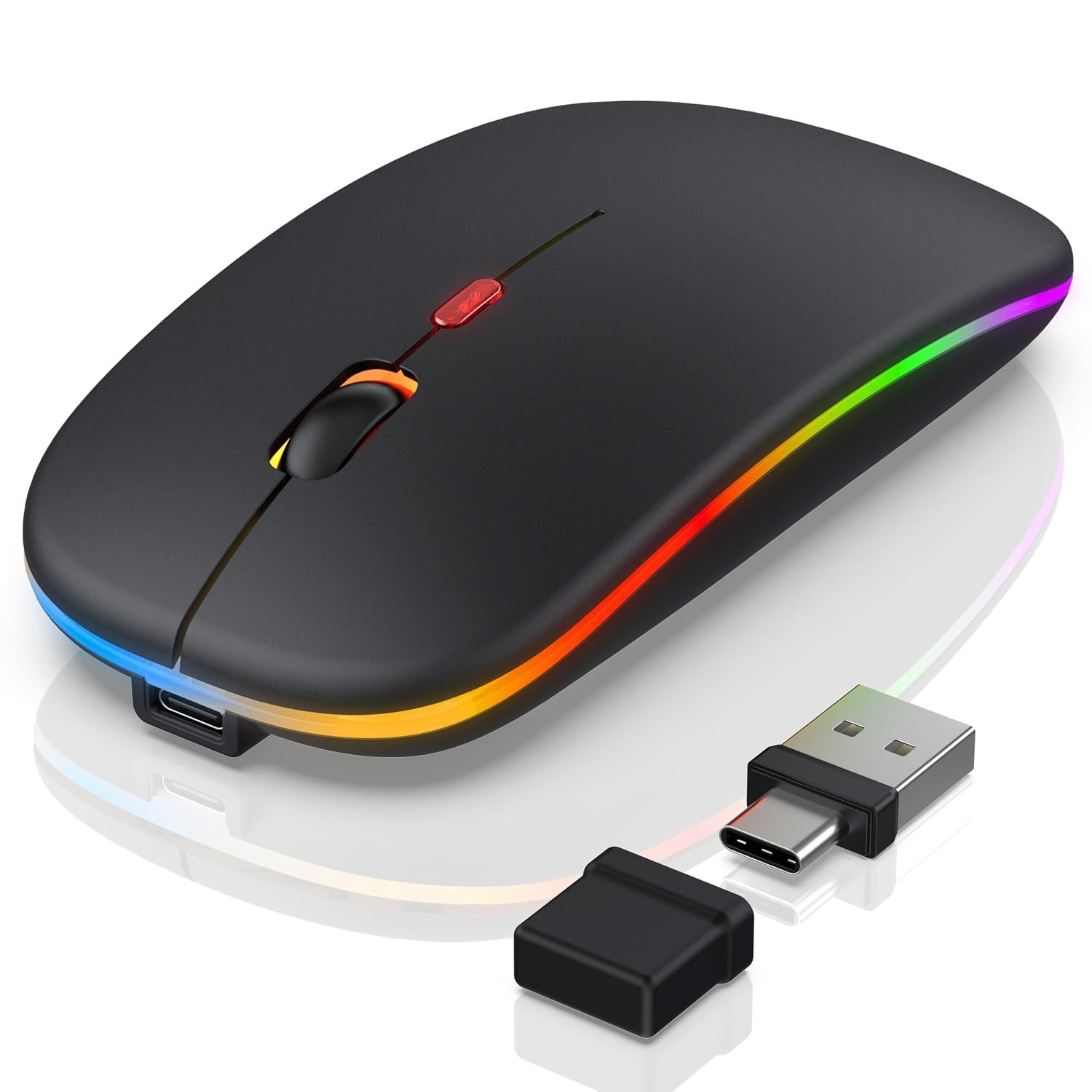 Bluetooth LED Wireless Mouse for MacBook Air iPad Pro Mac Laptop PC - Slim RGB Wireless Mouse, 3 Mode BT 5.2 & 2.4G USB-A/Type-C Connectivity Portable Mice with Jiggler Mode, Matte Black