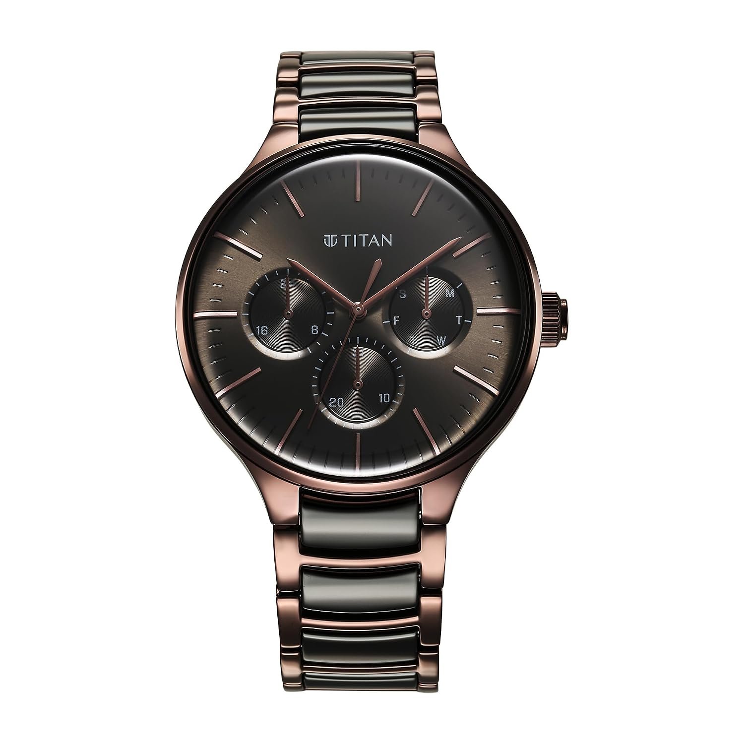 Titan Ceramic Fusion Quartz Multifunction Black Dial with Two Toned Color Stainless Steel Strap Watch for Men-90148KD05