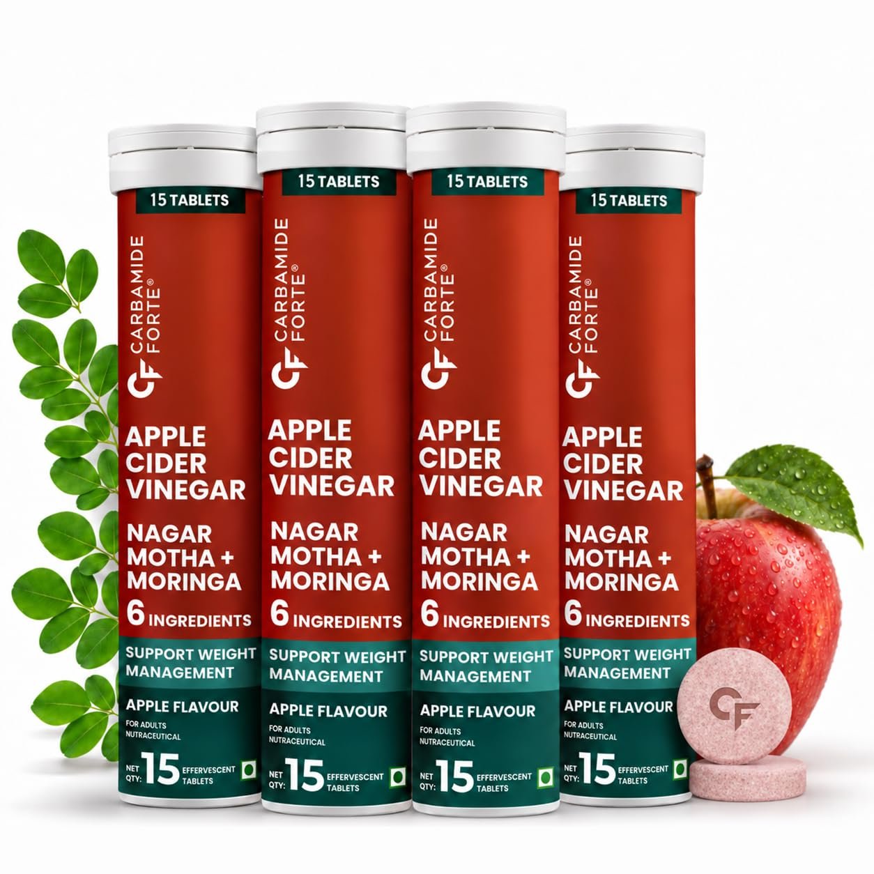 Carbamide Forte ACV Apple Cider Vinegar Tablets with Moringa & Cinnamon | 6% Acetic Acid May Help Support Weight Management | 60 ACV Effervescent Tablets (15 x 4)