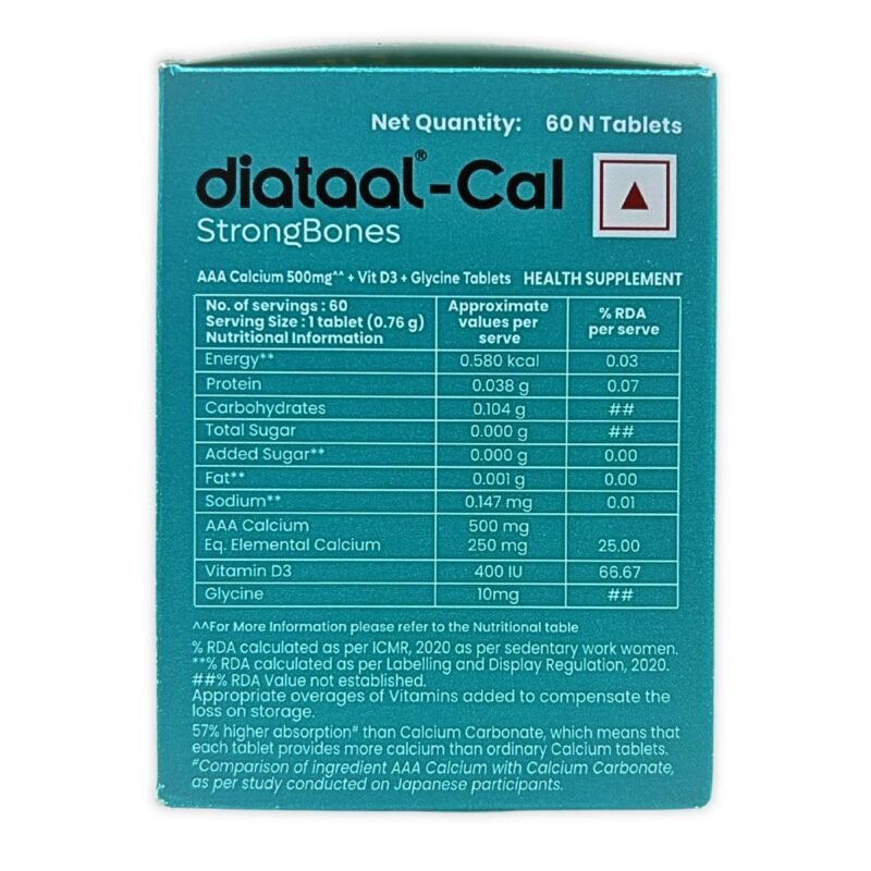 Diataal Calcium supplement for Men & Women | 57% Better Absorption | AAA Cal 500mg + D3 (400 IU) |Calci and Vitamin D3 Tablets | Strong bones & Joint Health|60 Tablets