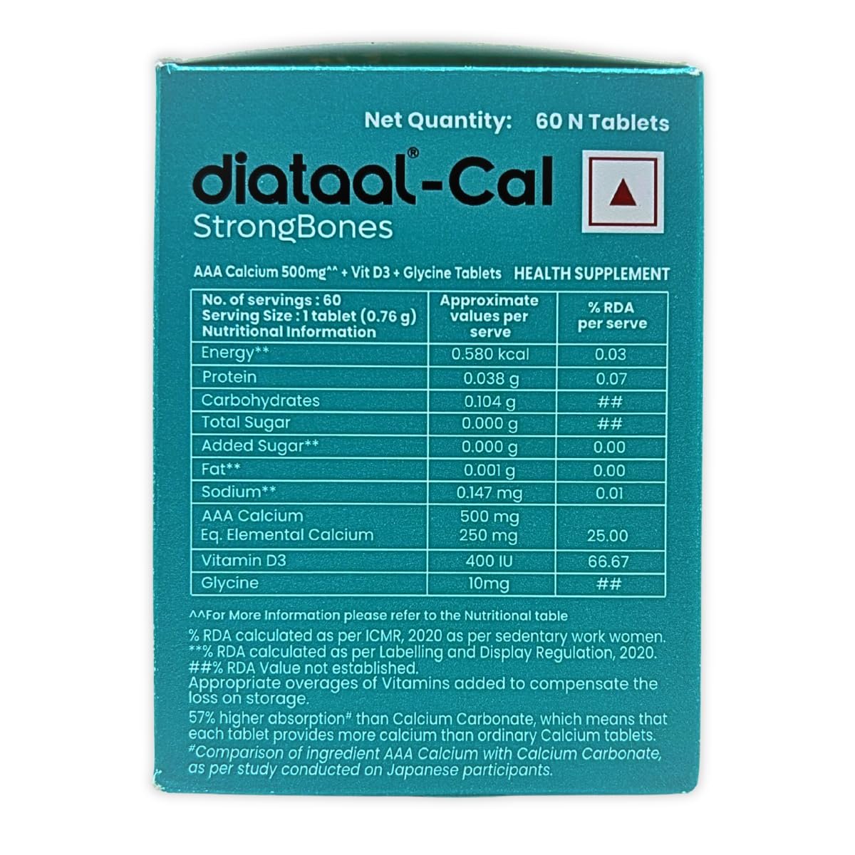 Diataal Calcium supplement for Men & Women | 57% Better Absorption | AAA Cal 500mg + D3 (400 IU) |Calci and Vitamin D3 Tablets | Strong bones & Joint Health|60 Tablets
