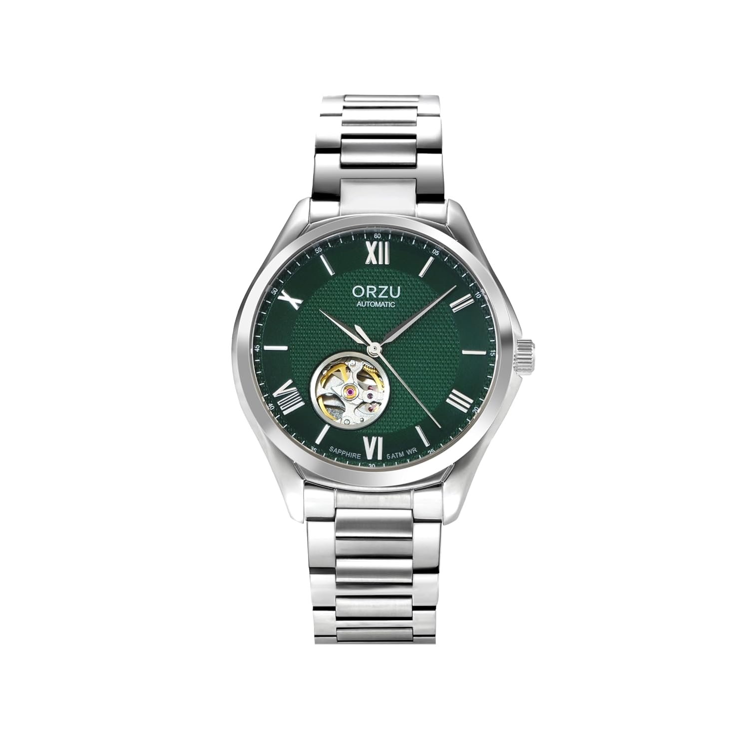 ORZU Automatic Watch for Men | Luxury Open-Heart Timepiece | Mechanical Self-Winding Movement | Sapphire Crystal Glass | Stainless Steel Case | Stainless Steel Bracelet | 50M Water Resistant Analog Watch
