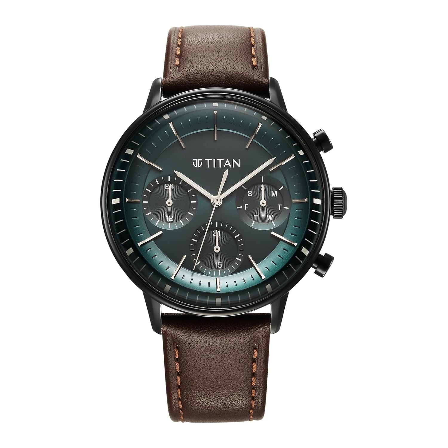 Titan Light Leathers Quartz Multifunction Teal Green Dial Brown Leather Strap Watch for Men - NT90171NL01