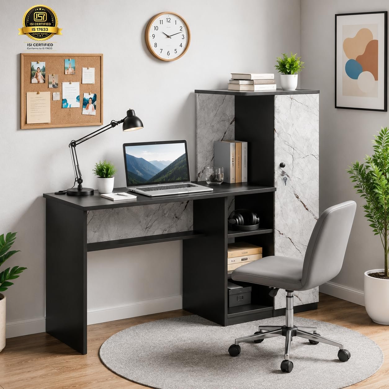 Ruby Study Table | Engineered Wood Computer Desk with Storage Cabinet & Open Shelves | Home Office Study Table| Black Wenge White Stone Finish | 3 Year Warranty | Free Installation