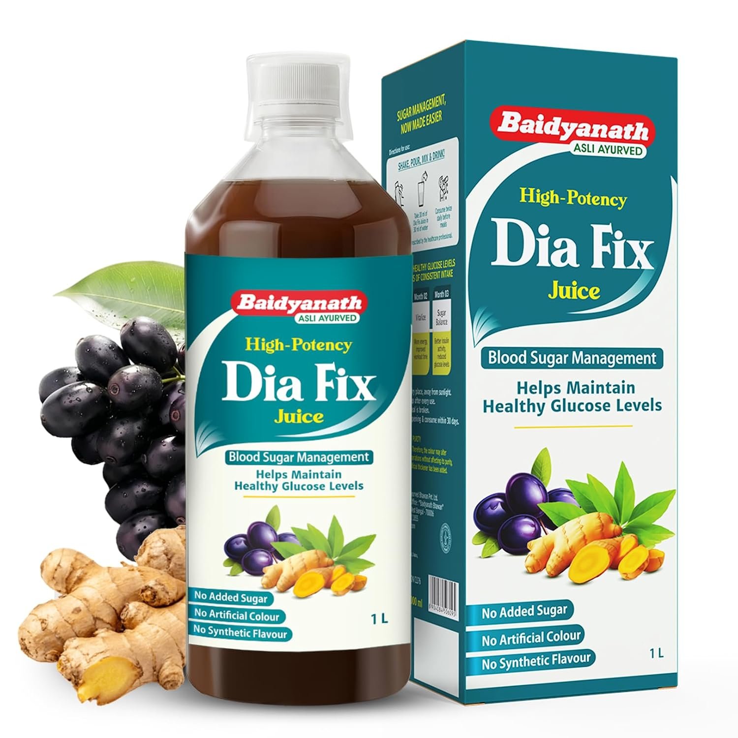 Baidyanath Dia Fix Juice| Ayurvedic Juice for Blood Sugar Control with Jamun, Karela, Gudmar & More | No Added Sugar or Colors | Supports Energy & Immunity - 1L