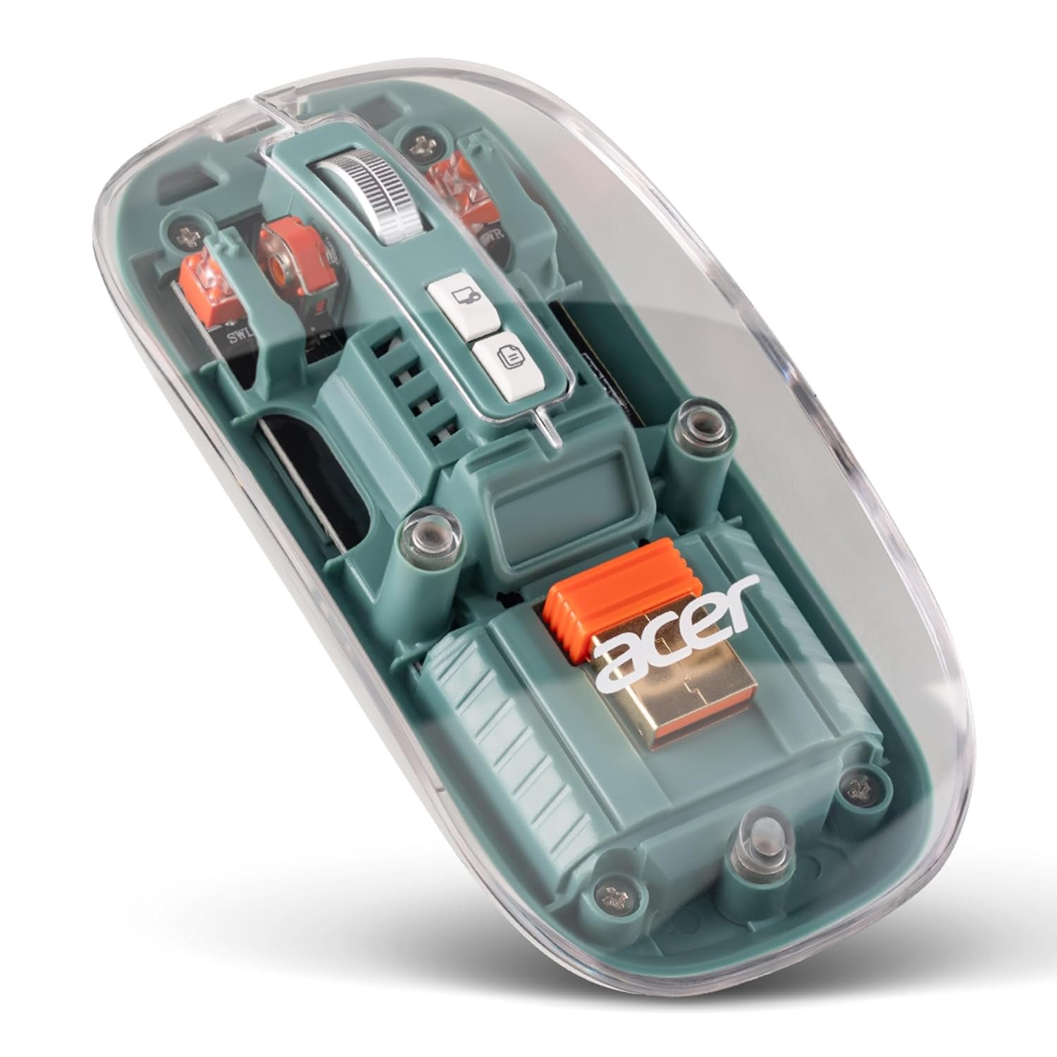 acer Clearview Transparent Wireless Mouse with Triple-Mode Connectivity, Silent Click Tech, Metal Scroll Wheel,1600 DPI Optical Sensor, USB-C Charging, Compatible Windows, MacOS, iOS, Android-Green