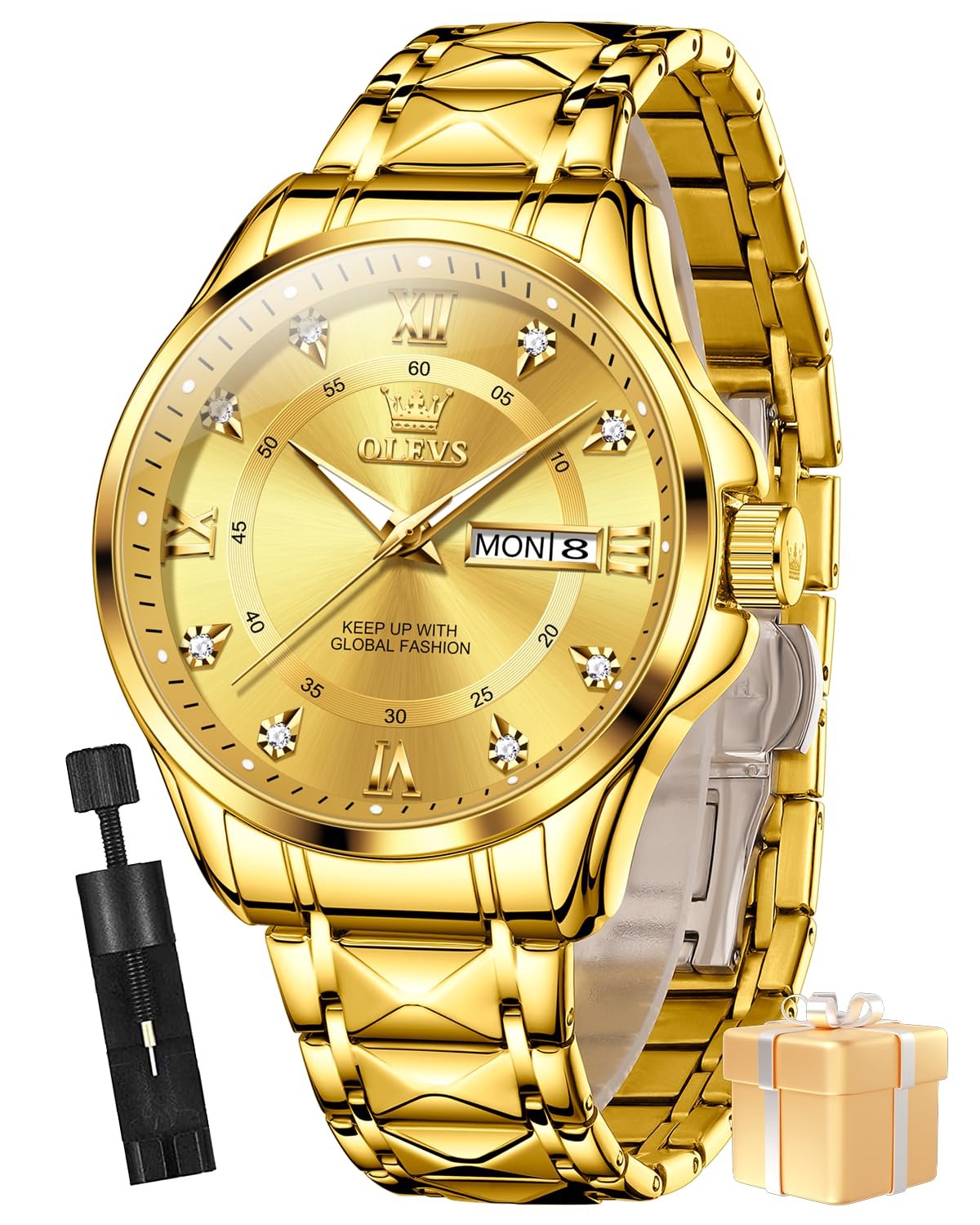 OLEVS Watch for Man Analog Quartz Original Luxury Diamond Watches 3ATM Waterproof Luminous Calendar Branded Chain Wrist Watches for Men