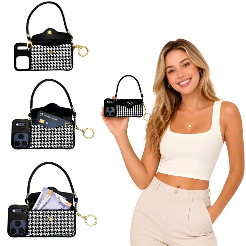 Phone Cover Case Wallet Crossbody, Mini Bag Design I Phone 17 Cover with Card Holder Strap Protective Purse | Black