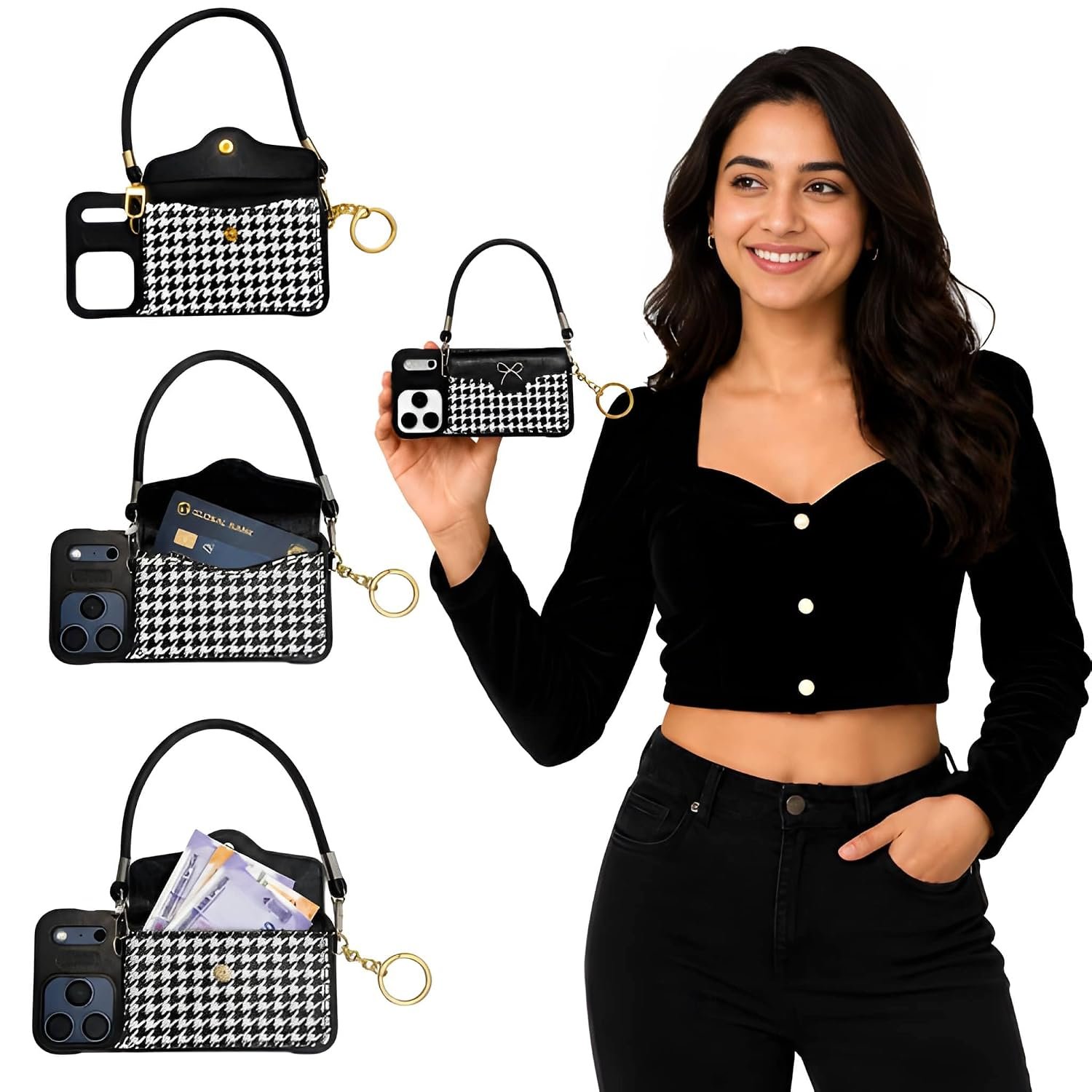 Phone Cover Case Wallet Crossbody I Phone 17 Cover with Card Holder Strap Mini Bag Houndstooth Design for Women | Black