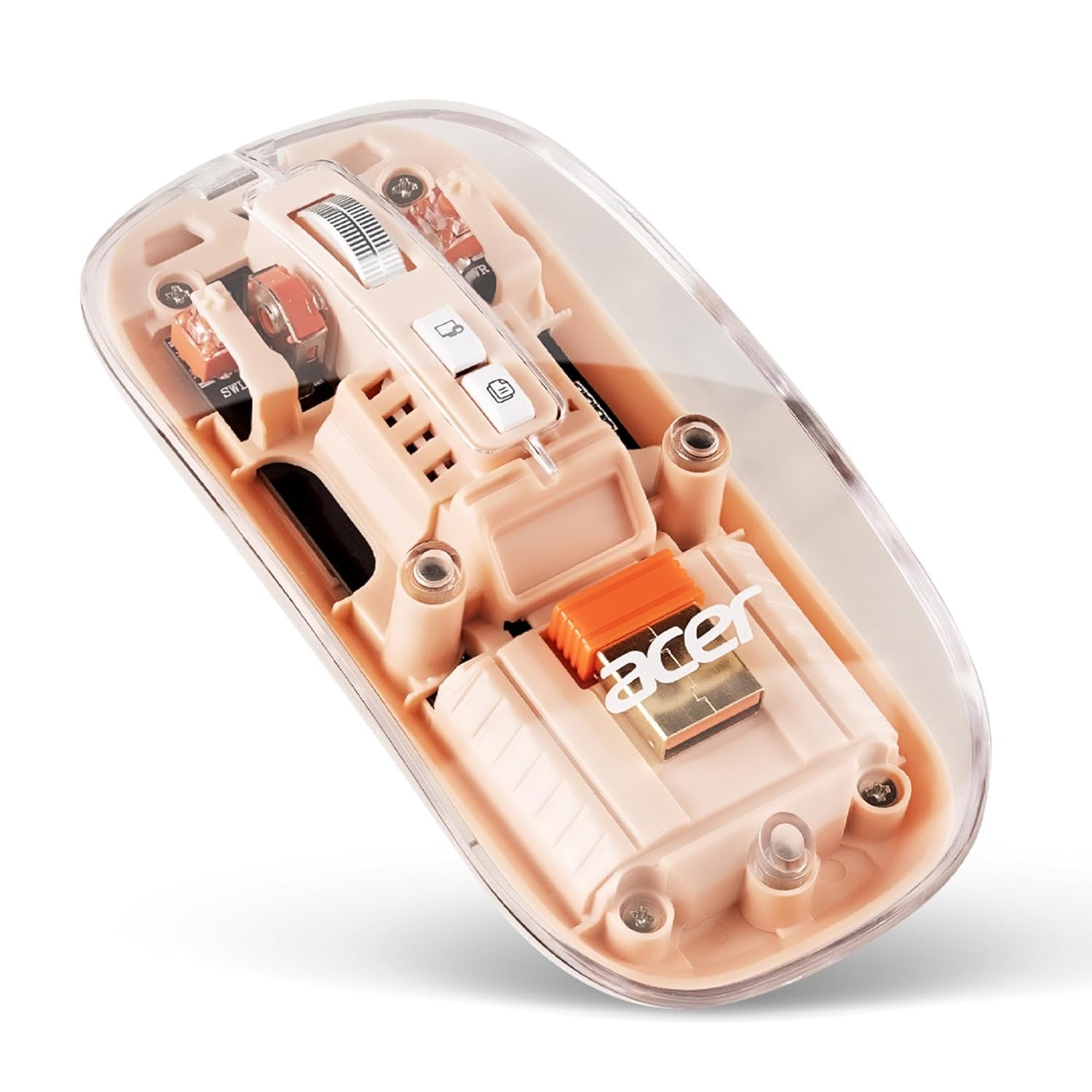 Acer Clearview Transparent Wireless Mouse with Triple-Mode Connectivity, Silent Click Tech, Metal Scroll Wheel,1600 DPI Optical Sensor, USB-C Charging, Compatible Windows, MacOS, iOS, Android-Peach