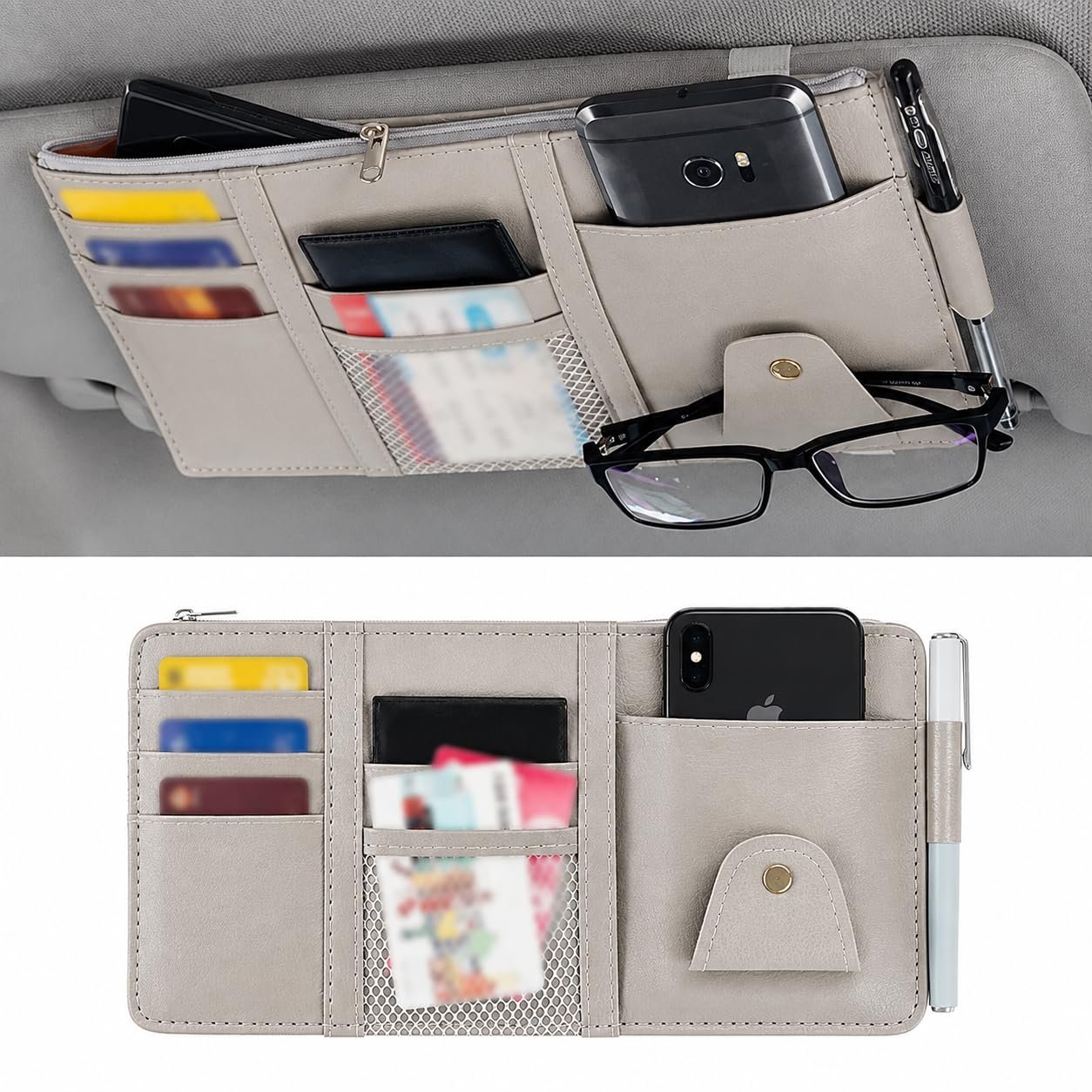 Car Sun Visor Organizer with Zipper | PU Leather Multi-Pocket Car Storage Holder for Sunglasses, Mobile Phone, Cards, Documents & Pen | Universal Auto Interior Organizer (Grey)