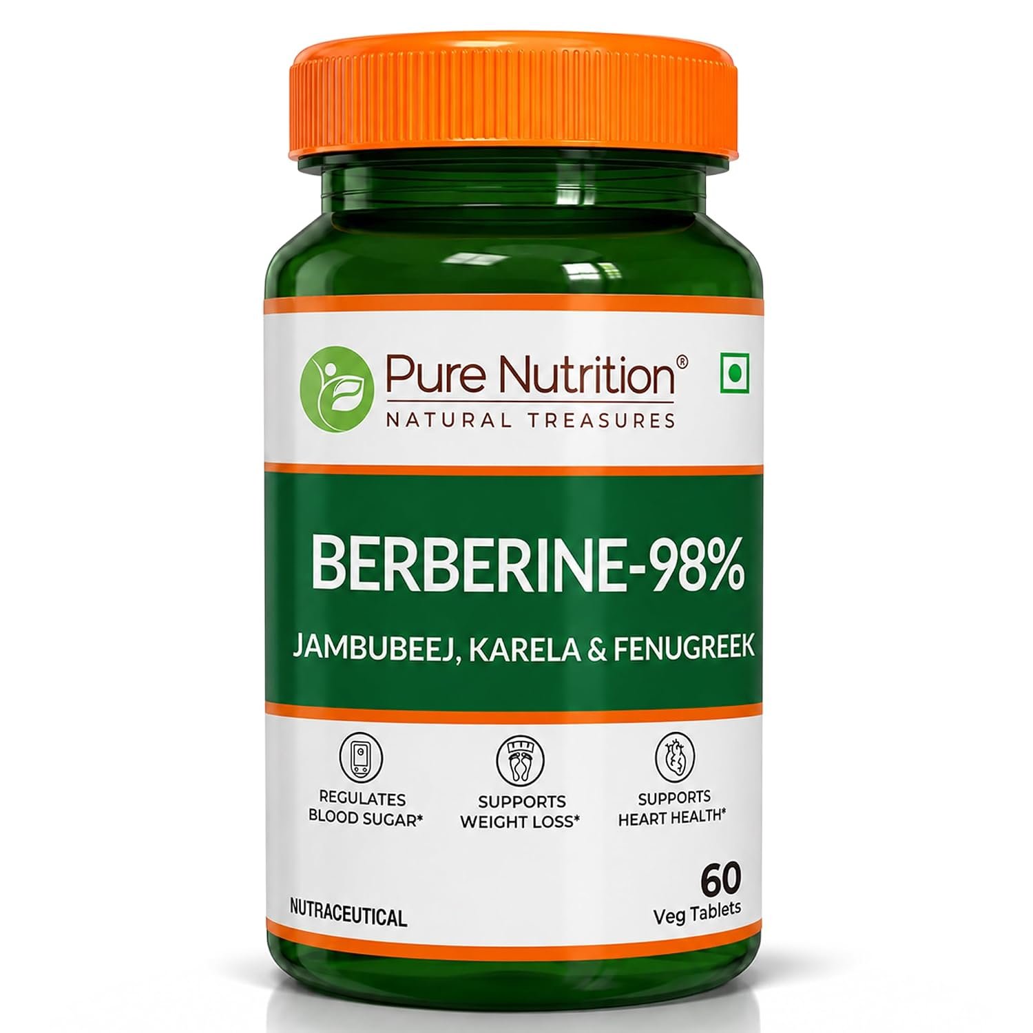 Pure Nutrition Berberine supplements 98% | Berberine Tablets with Jamun Beej, Karela & Fenugreek Extract | Supports Blood Sugar Control, Weight Management, Heart & Metabolic Health | Natural Herbal Wellness Formula – 60 Veg Tablets