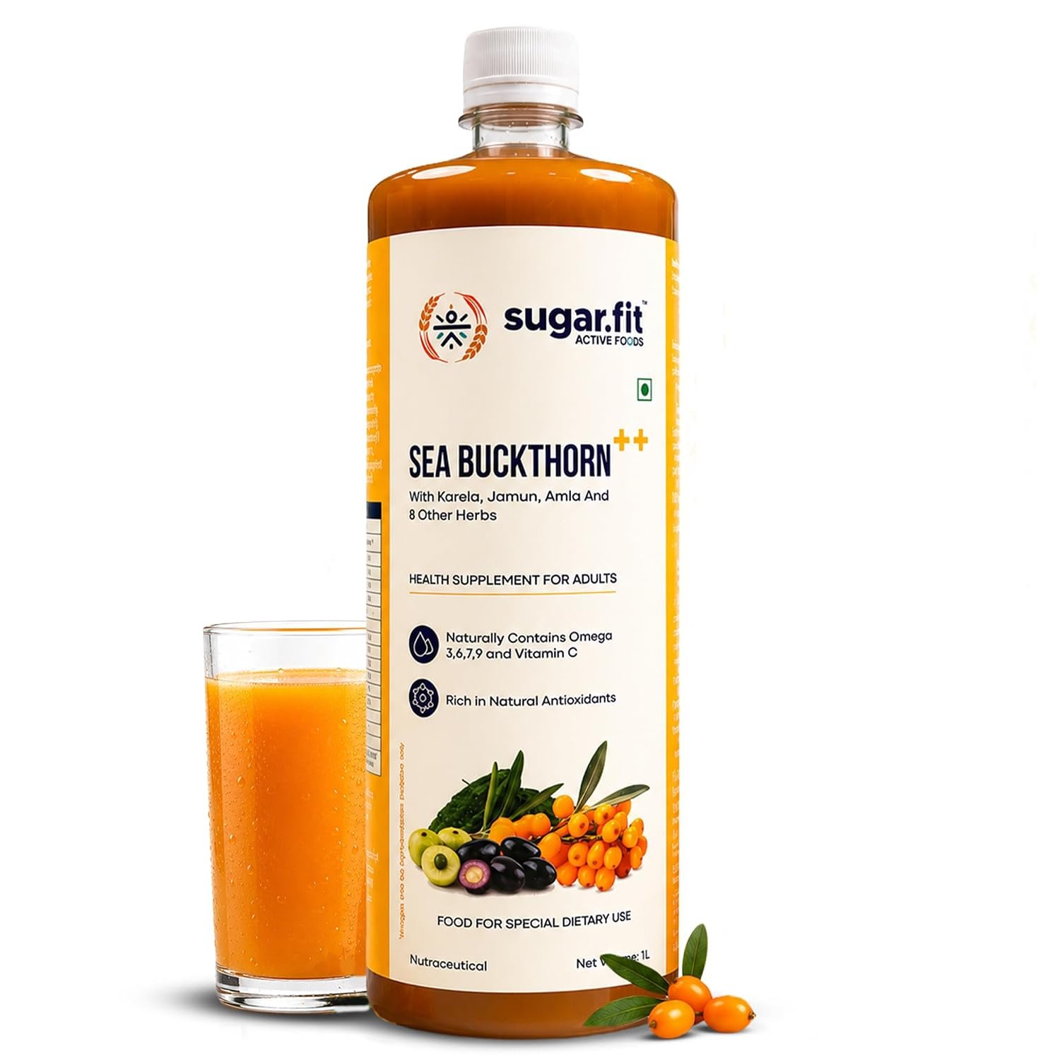 Sugar.fit Himalayan Sea Buckthorn Juice 1000ml | Cold Pressed Seabuckthorn Berry Pulp with 14 Herbs - Amla, Karela, Jamun | Natural Vitamin C, Omega 3 6 7 9 | Immunity, Skin Glow & Gut Health