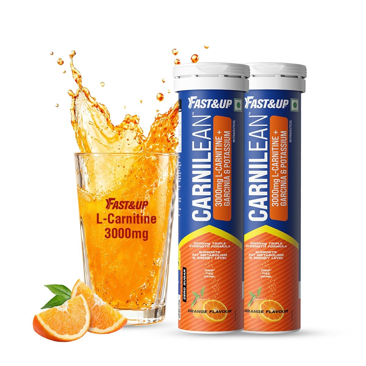 Fast&Up L Carnitine tartrate 3000mg Effervescent Tablets | Triple Action L Carnitine Supplement with Garcinia Cambogia & Potassium | Fat Burner for Weight Loss| Controls Cravings I Reduces Bloating I Orange Flavour (Pack of 2)