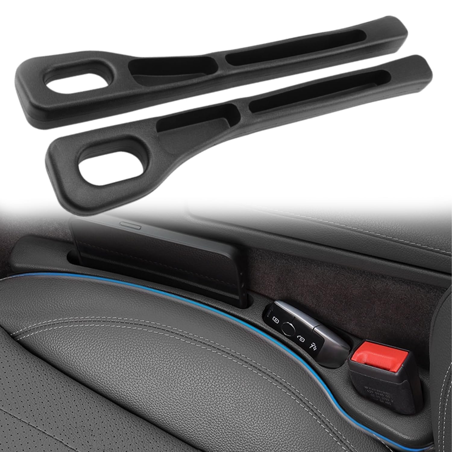 2 Pack Universal Car Seat Gap Filler, Car Crevice Blocker with Phone Holder, Seat Console Gap Stopper, Prevent Drops of Phones, Keys, Coins & Cards for Cars, SUVs, Trucks