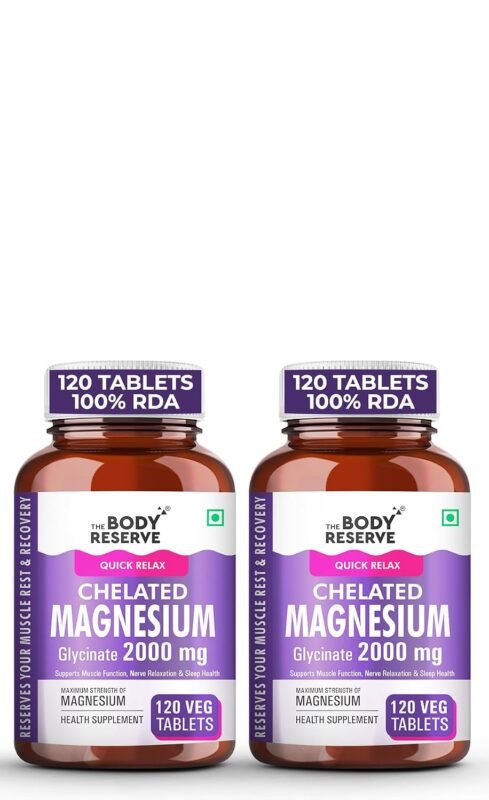 The Body Reserve Magnesium Glycinate Supplement 120 Veg Tablets, 2000mg Per Serving, High Absorption Chelated Form, helpful in Muscle & Nerve Relaxation, Better Sleep Quality for Men, Women, Pack of 2