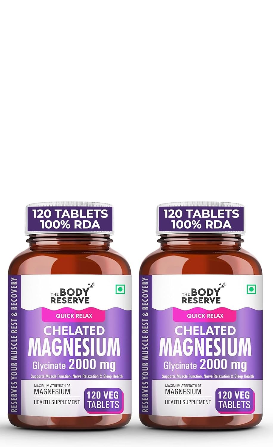 The Body Reserve Magnesium Glycinate Supplement 120 Veg Tablets, 2000mg Per Serving, High Absorption Chelated Form, helpful in Muscle & Nerve Relaxation, Better Sleep Quality for Men, Women, Pack of 2