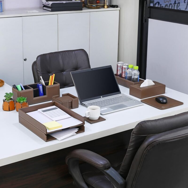 CLADD INTERNATIONAL Vegan Leather Complete All-In-One Multipurpose Personal Desk Organizer | Tissue Holder | Document Holder| Mouse Pad | Tissue Box | Bottle Tray | Brown,Rectangular, Square