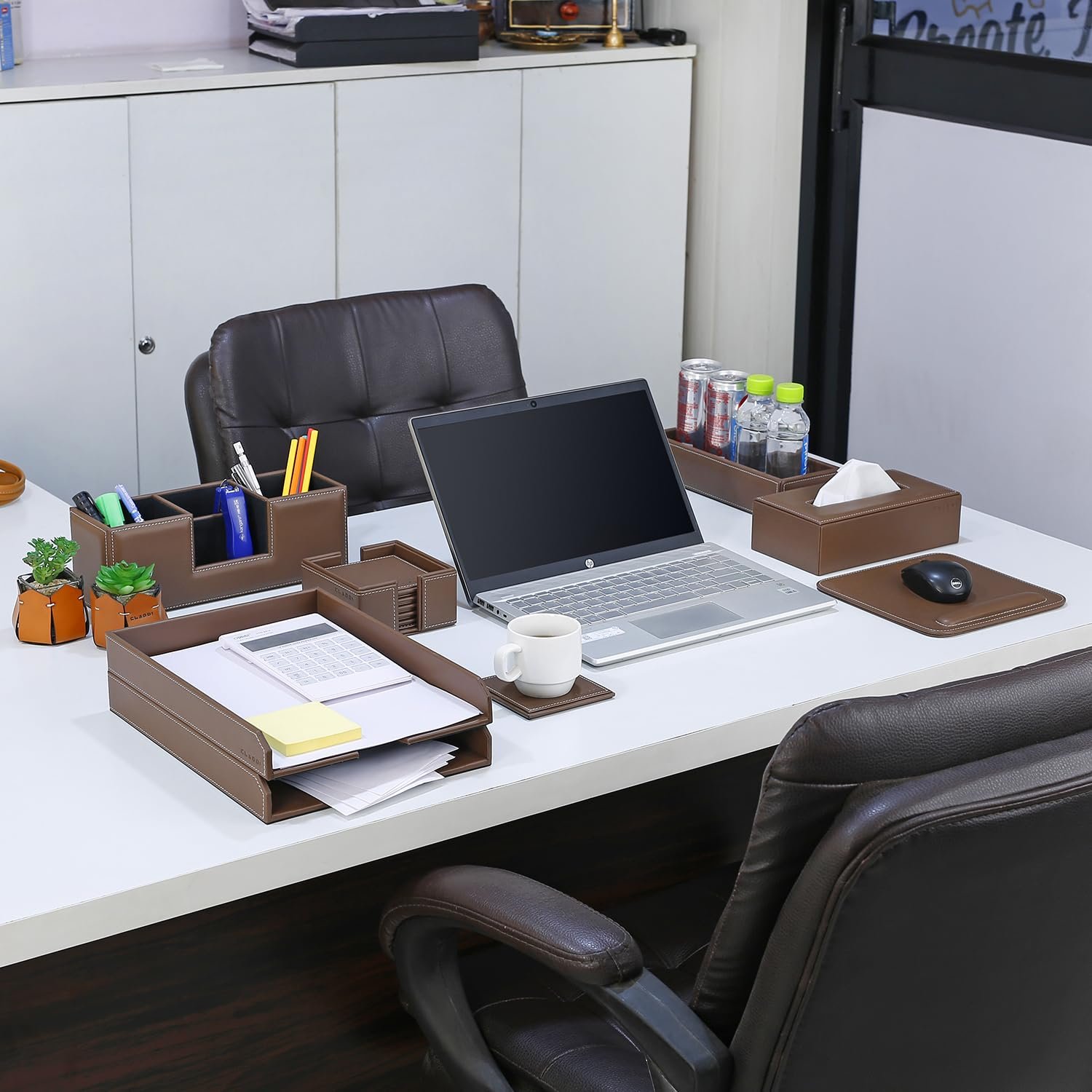 CLADD INTERNATIONAL Vegan Leather Complete All-In-One Multipurpose Personal Desk Organizer | Tissue Holder | Document Holder| Mouse Pad | Tissue Box | Bottle Tray | Brown,Rectangular, Square