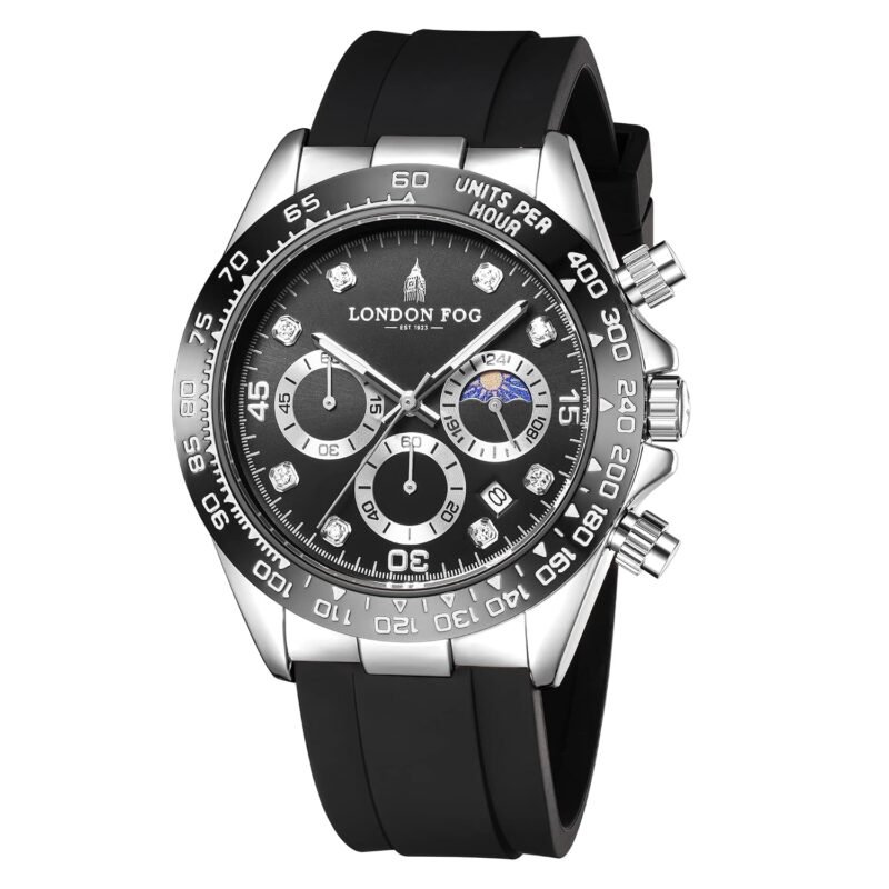 London Fog Bond Collection Analog Quartz Watch for Men with Round Dial and Silicone Strap, Metal Case with Tachymeter Bezel, Chronograph Function, Date Display, Luminous Hands & Hour Markers, Water Resistant
