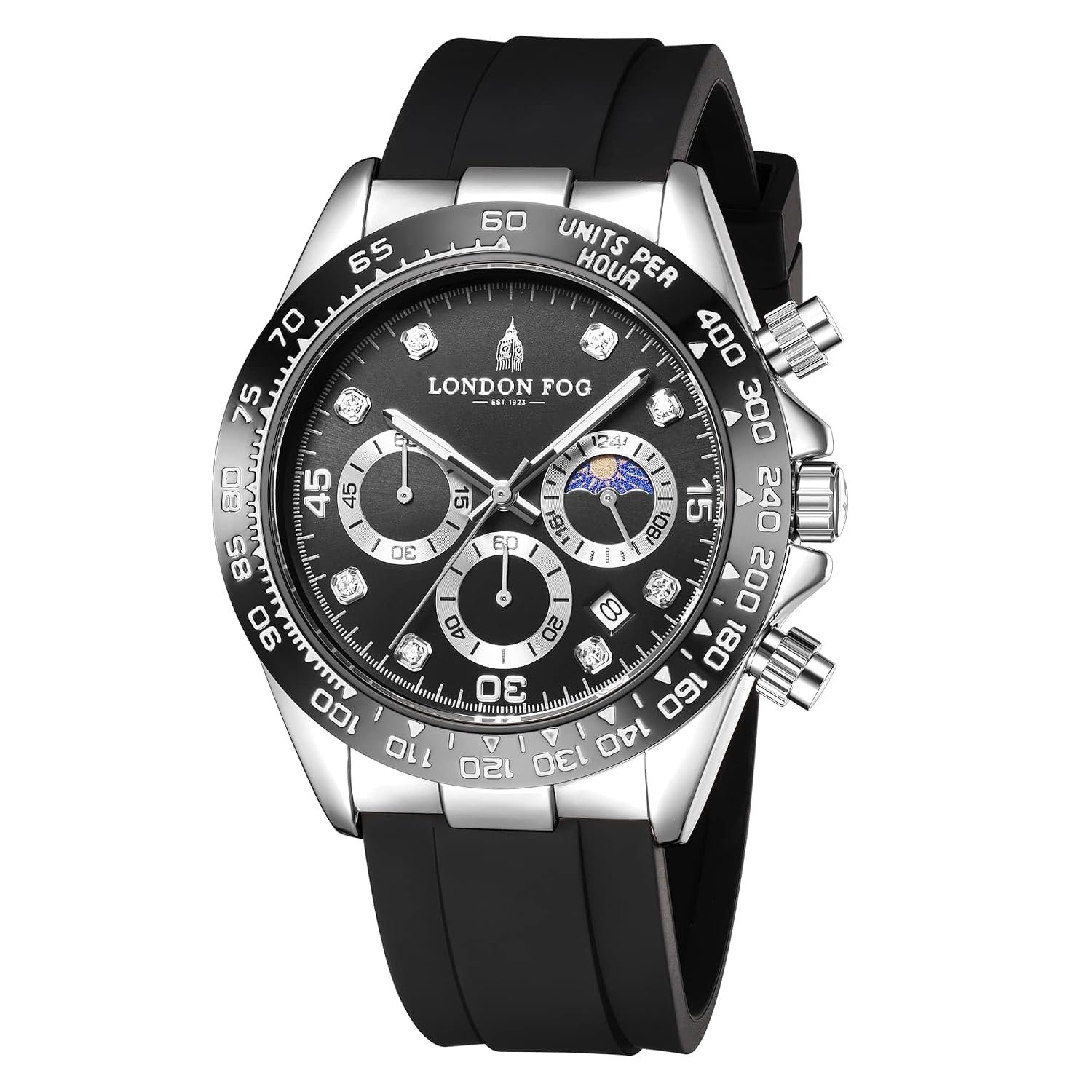 London Fog Bond Collection Analog Quartz Watch for Men with Round Dial and Silicone Strap, Metal Case with Tachymeter Bezel, Chronograph Function, Date Display, Luminous Hands & Hour Markers, Water Resistant