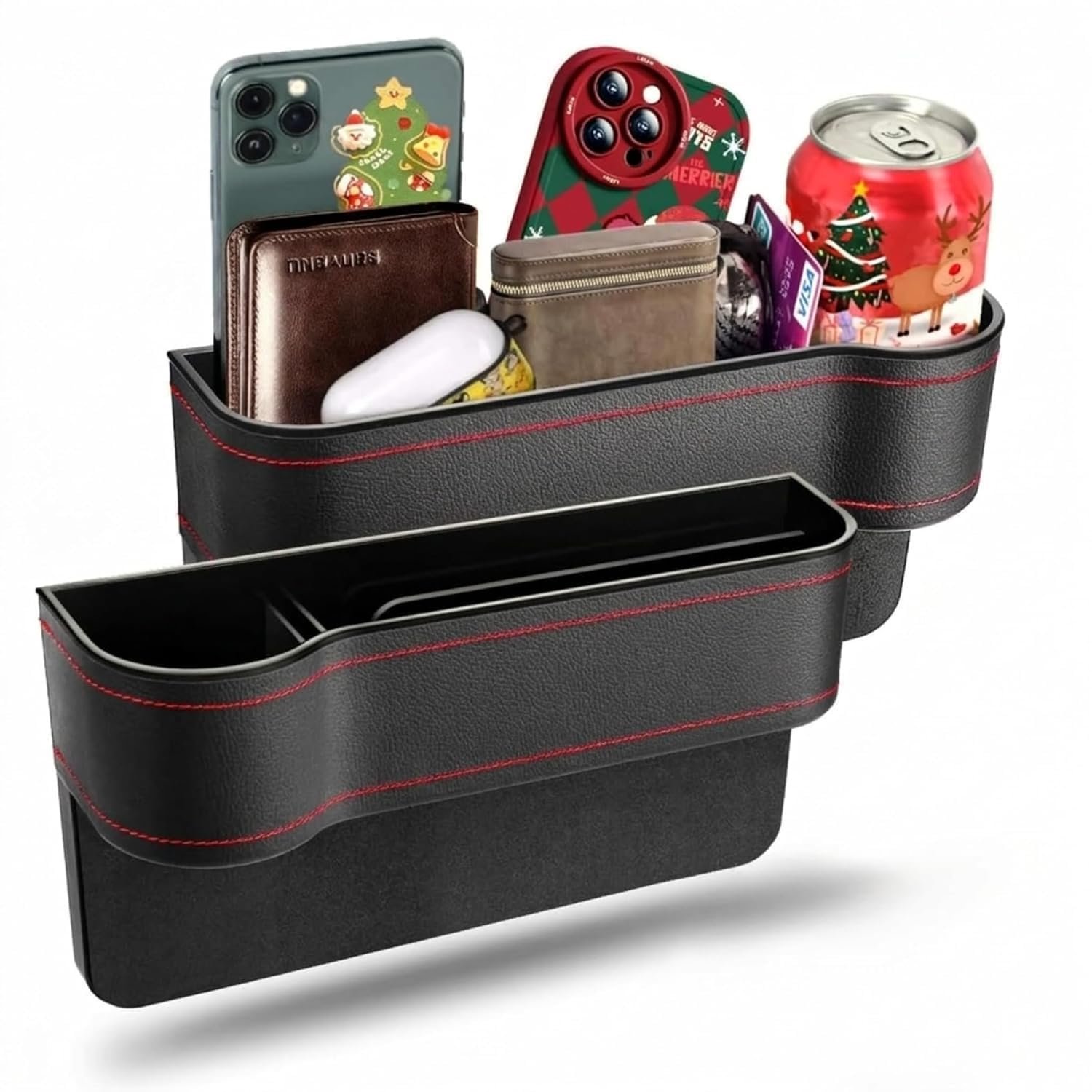 Car Side Gap Organizer with Mobile Holder Cup Bottle Holder Card Slot and Charger Hole | PU Leather Front Seat Gap Storage Pocket Car Interior Accessories Pack of 1