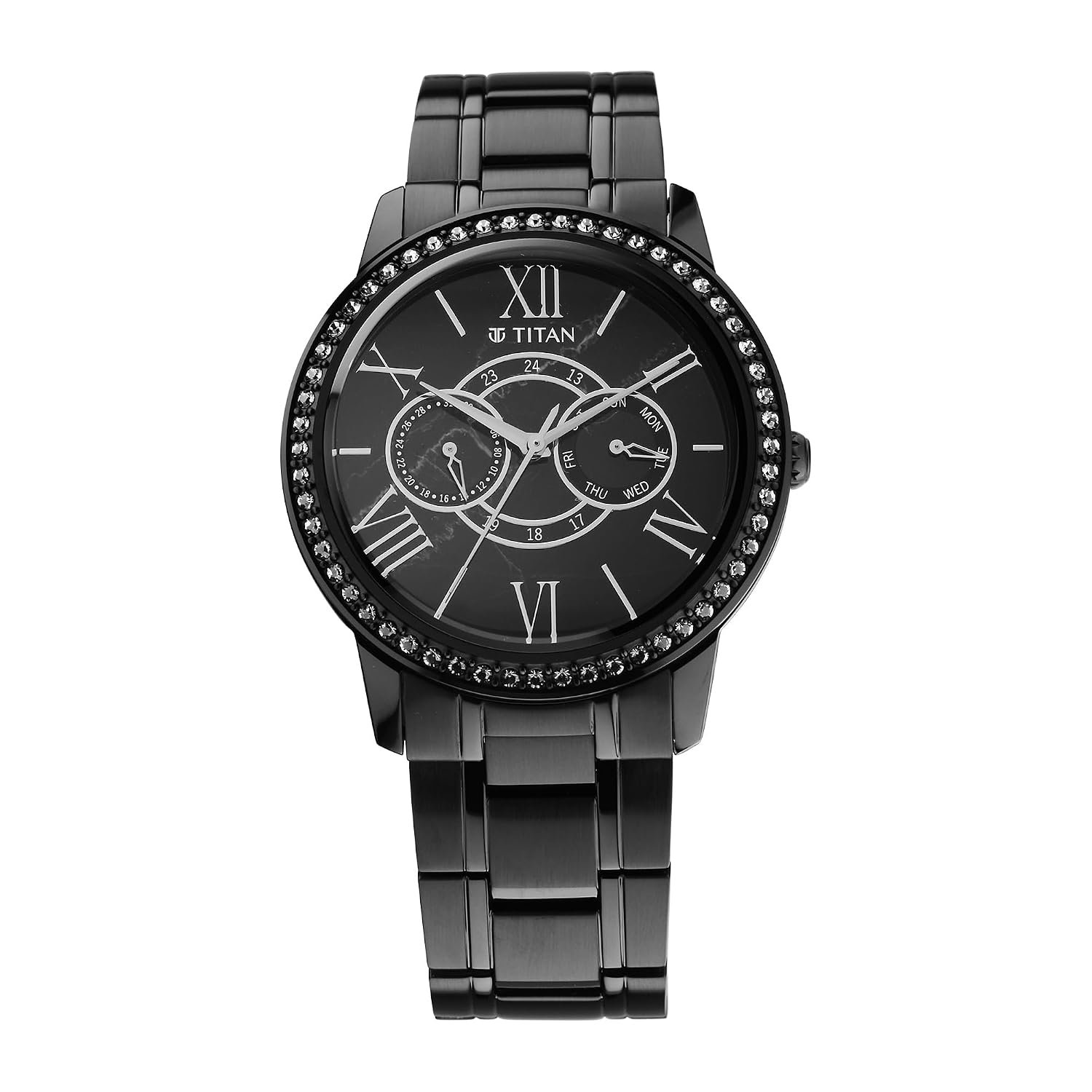 Titan Royale Quartz Multifunction Black Dial Black Stainless Steel Strap Watch for Men - NT10002NM01