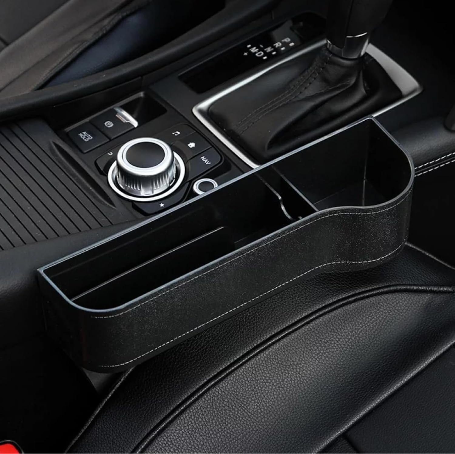 Car Seat Side Organizer with Cup Holder & Hooks – Gap Filler Storage Box for Front Seat Essentials Like Phones, Drinks & Cards – 1 PEC