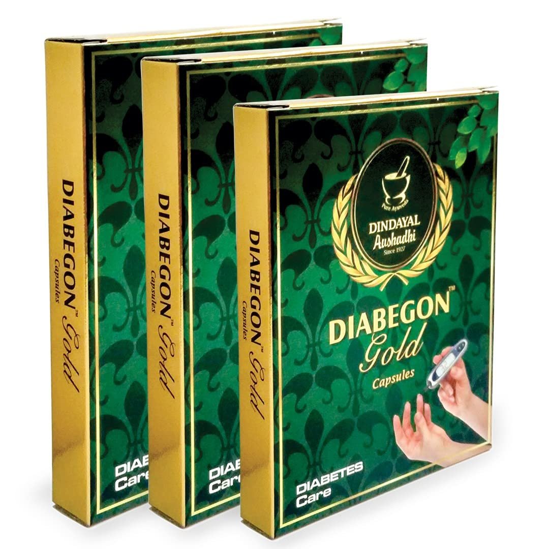 Dindayal Aushadhi - Diabegon Capsule Diabetic Care (Gold) - | Ayurvedic Diabetes Medicine - Sugar Medicine | Extracts with Bahera, Haritki, Amlaki, Pippali, Sunthi etc.| (Pack of 3 (30 Cap))