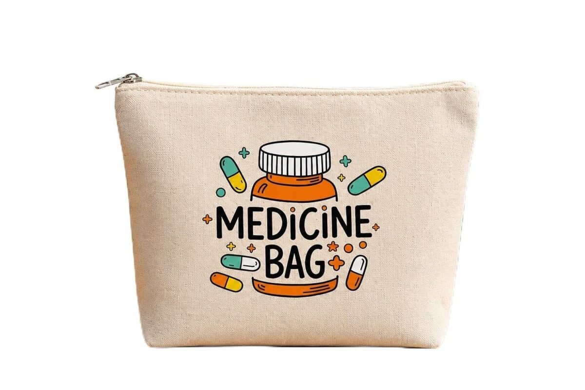 Canvas Medicine Bag for Travel, Cute Pill Organizer Pouch, Portable First Aid Kit Storage Bag for Daily Essentials, Vitamins, and Medicines (Beige) [ 1-PCS ]