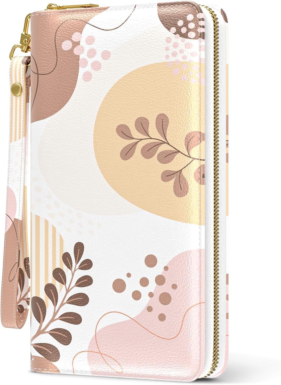 Valerie Womens Wallet, RFID Wristlet Wallet for Women, Cute Ladies Purse, Large Credit Card Clutch Purse, Leather Card Holder Wallets with Zipper & Phone Holder (Pink_Leaves)